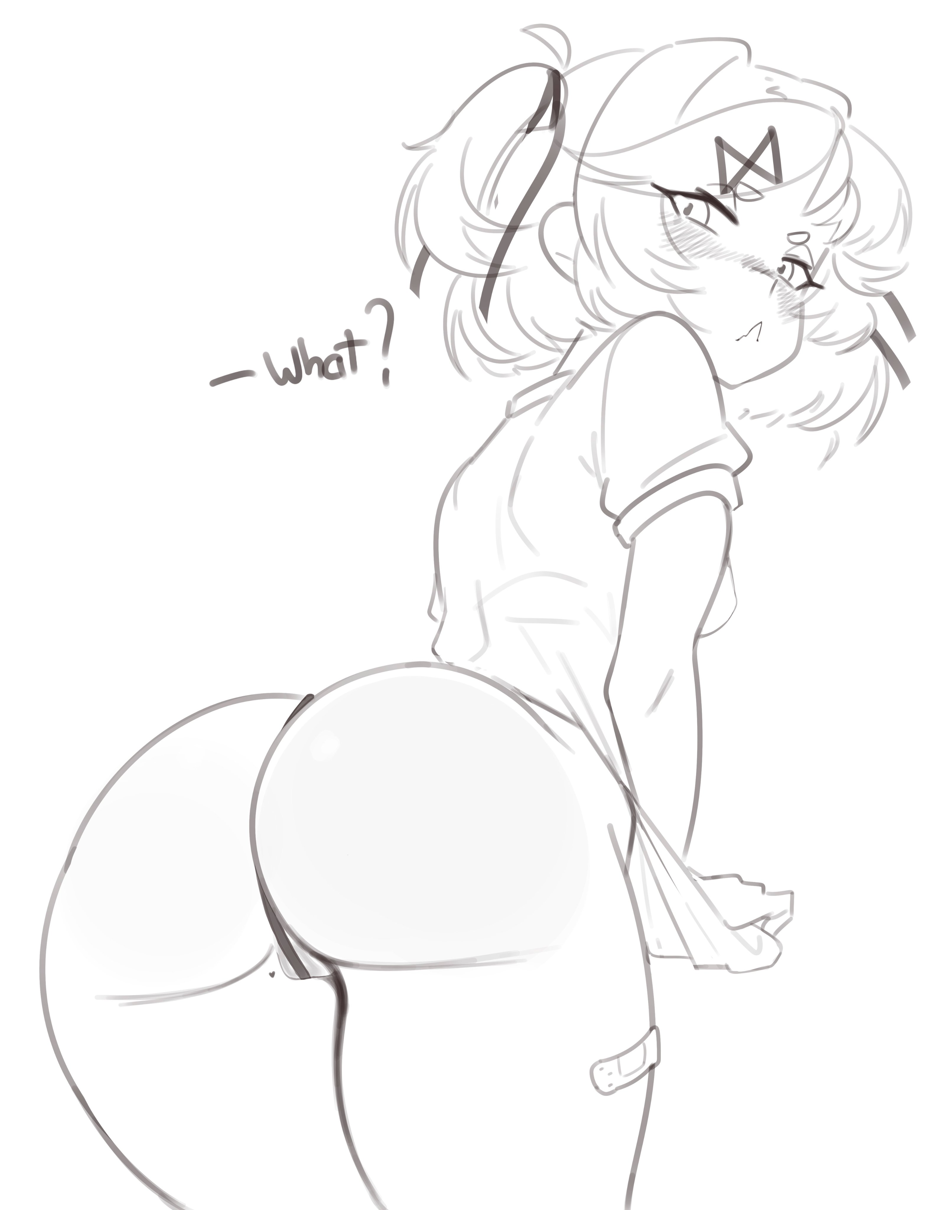 1girls, ass, bangs, big ass, blush, bottom heavy, breasts, bubble butt, clothed, clothing, doki doki literature club, emiillb, english text, female, female only, genitals, greyscale, hair accessory, hair ornament, hair ribbon, hair ribbons, heart, heart symbol, large ass, looking at viewer, looking back, looking back at viewer, monochrome, natsuki (doki doki literature club), portrait, pulled by self, pussy, pussy peek, rear view, shirt, shirt pull, short hair, short sleeves, short twintails, sideboob, small breasts, solo, solo female, swept bangs, text, thick ass, thick thighs, thighs, three-quarter portrait, tied hair, tsundere, twintails