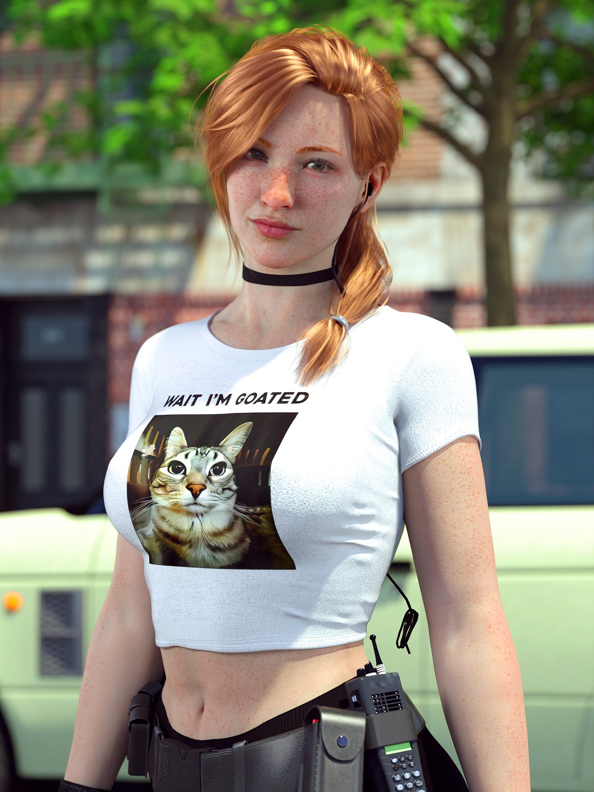 1girls, 3d, big ass, big breasts, big thighs, breasts, choker, clothed, clothing, curvaceous, curvy, curvy figure, english text, female, freckles, ginger, ginger female, ginger hair, hips, huge ass, huge breasts, huge thighs, human, human only, large ass, large breasts, large thighs, light skin, light-skinned female, mature, mature female, morgan tylle (word2), original, original character, redhead, redhead female, slim waist, text on clothing, text on shirt, text on topwear, thick, thick hips, thick legs, thick thighs, thighs, voluptuous, waist, wide hips, wide thighs, word2