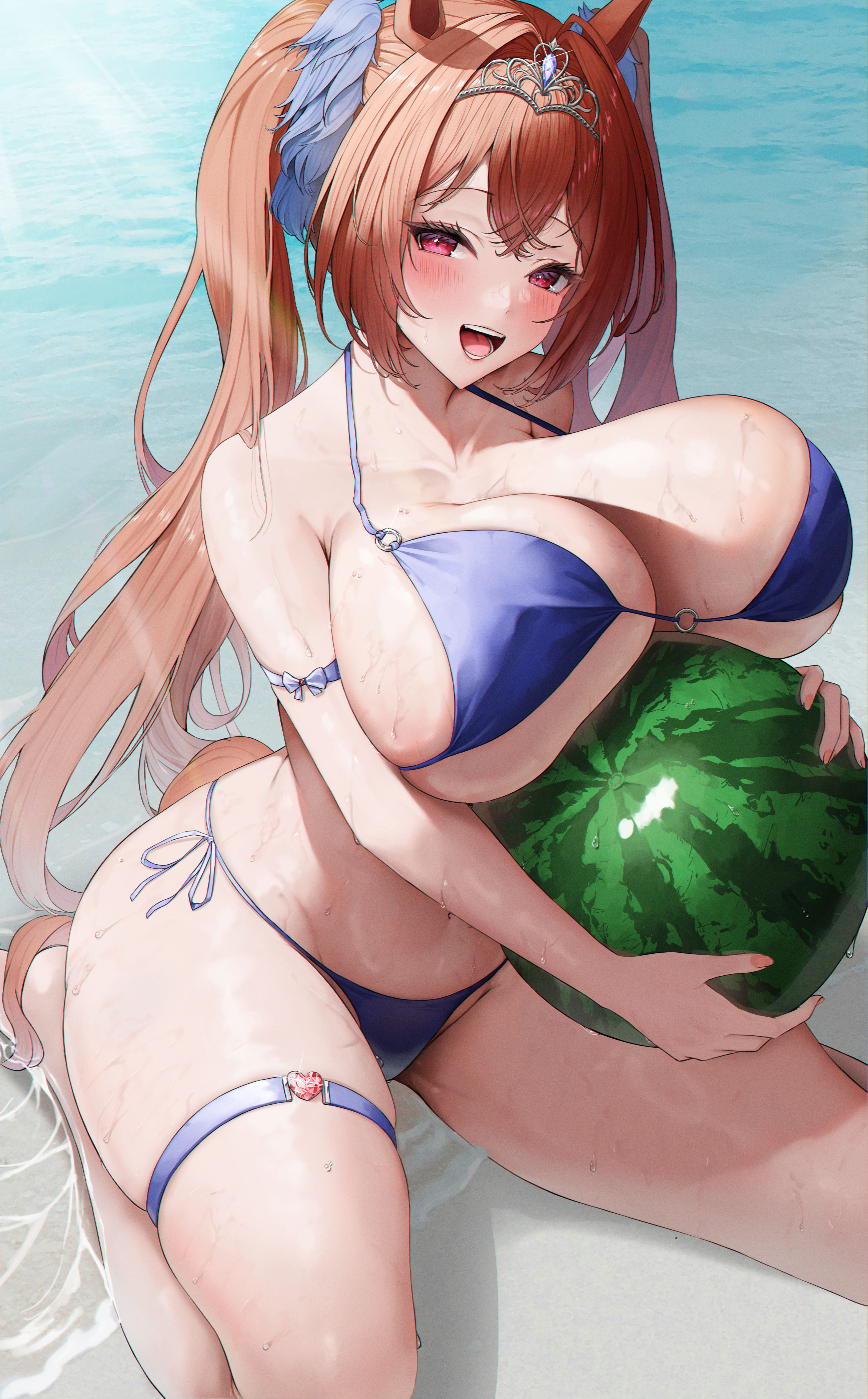 :d, 1girls, absurdres, animal ears, armband, beach, bikini, blue bikini, breasts, bsmage, cleavage, collarbone, daiwa scarlet (umamusume), day, female, female only, food, fruit, highres, holding, holding food, holding fruit, holding watermelon, horse ears, horse girl, huge breasts, long hair, looking at viewer, open mouth, orange hair, outdoors, red eyes, side-tie bikini bottom, sitting, smile, solo, summer, swimsuit, teeth, thigh strap, thighs, tiara, twintails, umamusume, very long hair, wariza, watermelon, wet
