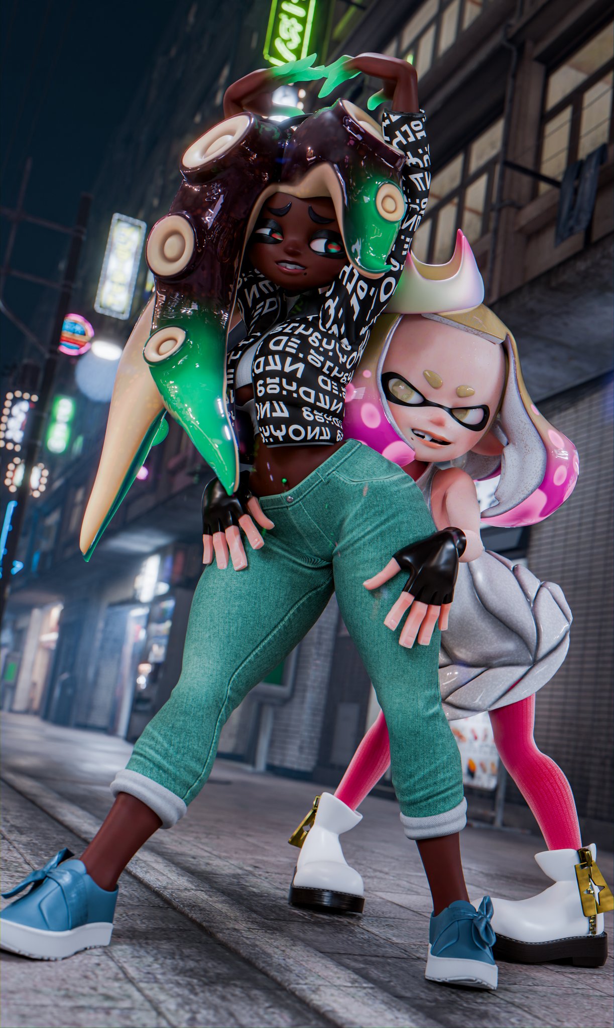 3d, affectionate, background, big ass, big breasts, big butt, big ears, big thighs, black jacket, blue shoes, bottom heavy, bottomwear, city, city background, city lights, clothing, cropped jacket, cropped shirt, crown, cuffed, cuffed jeans, dark skin, dark-skinned female, dress, fully clothed, gloves, green clothing, green eyes, green hair, hands above head, hands on hips, hands on legs, hands on thighs, hands up, hi, high, highres, hips, hips wider than shoulders, inkling, inkling girl, jeans, larger female, leather, leather gloves, legs, legs apart, light skin, light-skinned female, long hair, looking pleasured, marina (splatoon), marina (wo262), marina ida, medium breasts, medium hair, model, nexusmind, nintendo, no headwear, octoling, off the hook (splatoon), pants, pearl (splatoon), pink hair, pink pants, quality, render, res, shading, shirt, simple, skirt, skirt down, smaller female, splatoon, splatoon (series), splatoon 2, splatoon 3, street, streetwear, swaying, swaying hips, tentacle, tentacle hair, topwear, two-tone hair, white hair, white shirt, white shoes, wo262 (3d model style), zipper