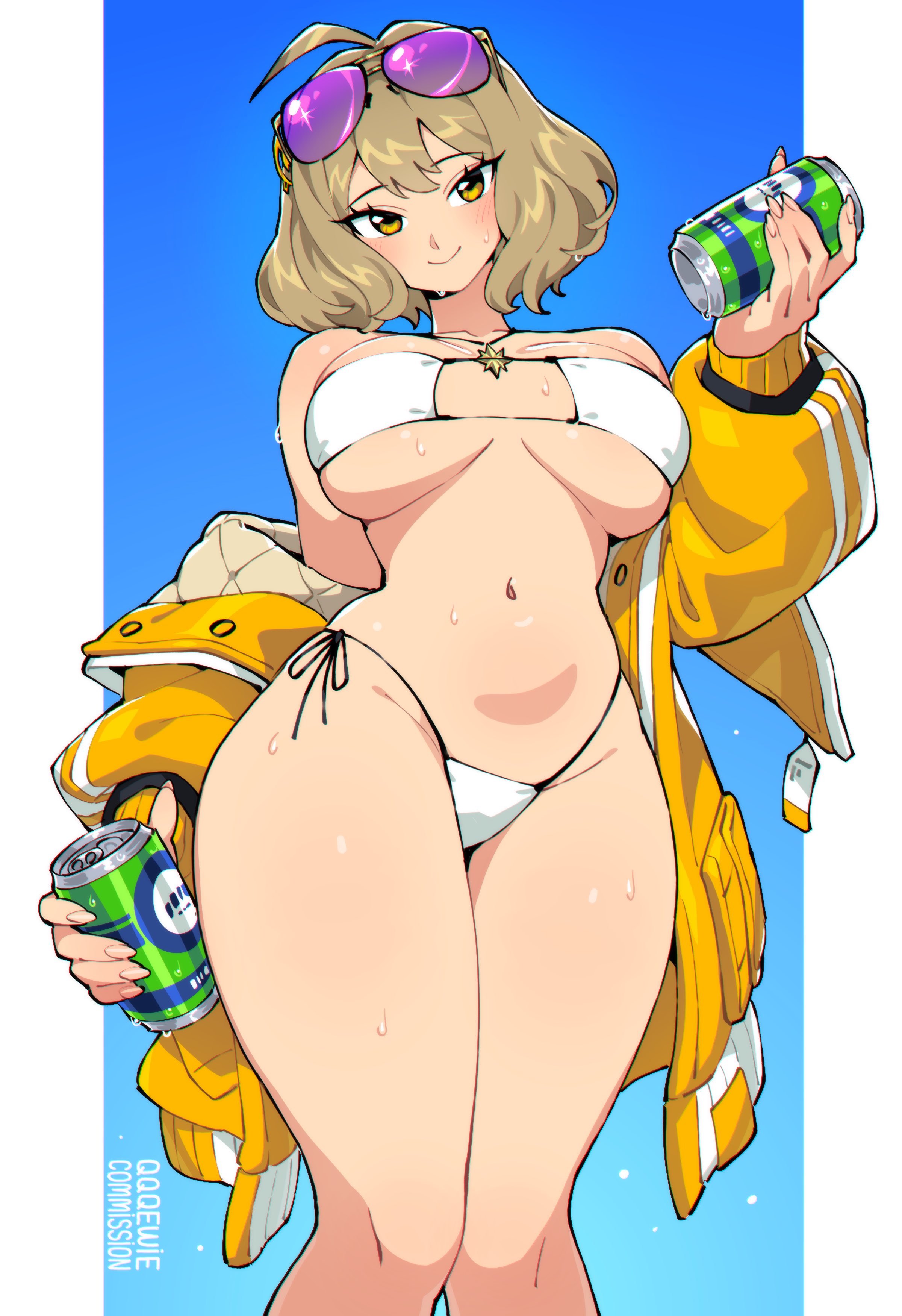 1girls, 333 (dqqqdle), absurdres, anis (nikke), anis (sparkling summer) (nikke), aviator sunglasses, bikini, brown hair, can, commentary, commission, drink can, english commentary, eyepatch bikini, eyewear on head, female, female only, goddess of victory: nikke, highres, holding, holding can, jacket, jewelry, necklace, official alternate costume, pink-tinted eyewear, second-party source, soda can, solo, star (symbol), star necklace, sunglasses, swimsuit, tinted eyewear, white bikini, yellow jacket