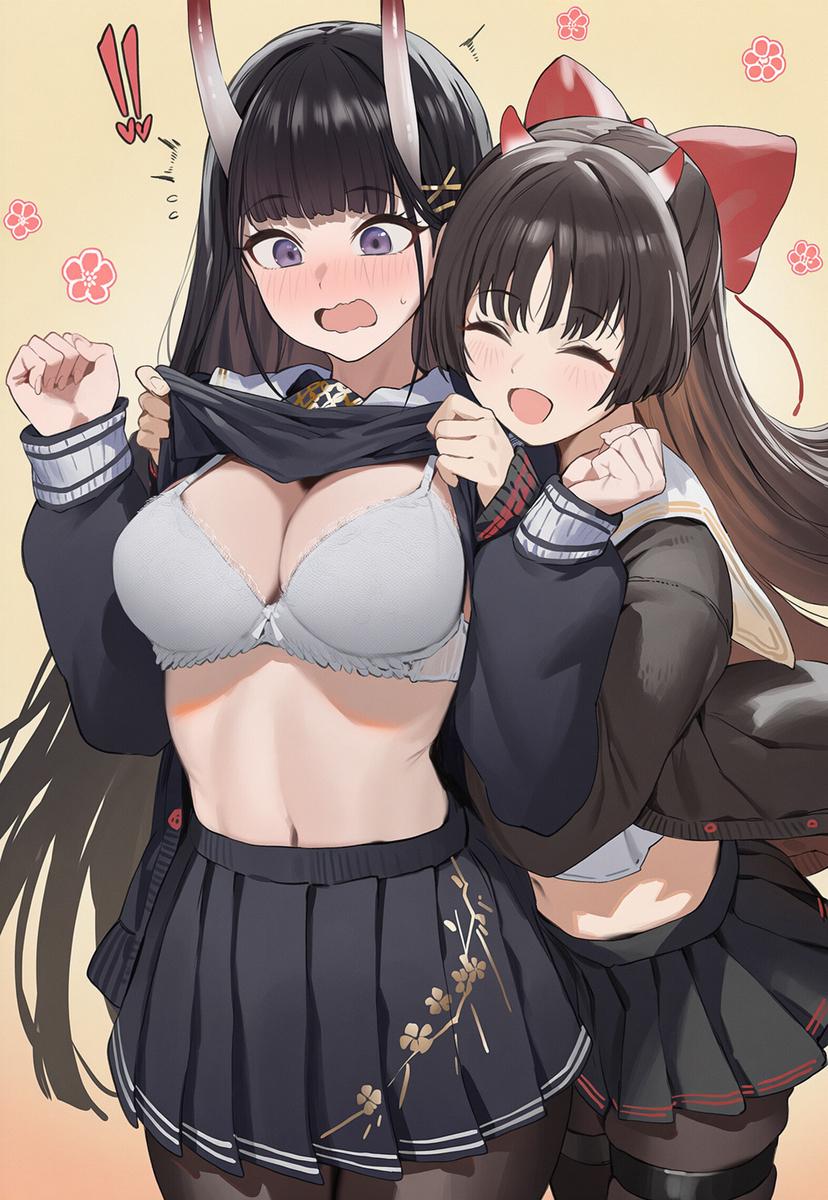 :d, !, !!, ^ ^, 2girls, ai generated, assisted exposure, azur lane, black cardigan, black hair, black pantyhose, black serafuku, black shirt, black skirt, blunt bangs, blush, bow, bra, breasts, brown hair, brown pantyhose, cardigan, cg, cleavage, closed eyes, clothes lift, cowboy shot, hair ornament, hairbow, hairclip, horns, large breasts, lifting another's clothes, long hair, long sleeves, midriff, miniskirt, multiple girls, navel, noshiro (azur lane), open cardigan, open clothes, open mouth, pantyhose, pleated skirt, purple eyes, red bow, sailor collar, sakawa (azur lane), school uniform, serafuku, shirt, shirt lift, skirt, smile, standing, stomach, surprised, thigh strap, underwear, very long hair, white bra, white sailor collar, x hair ornament, yuri