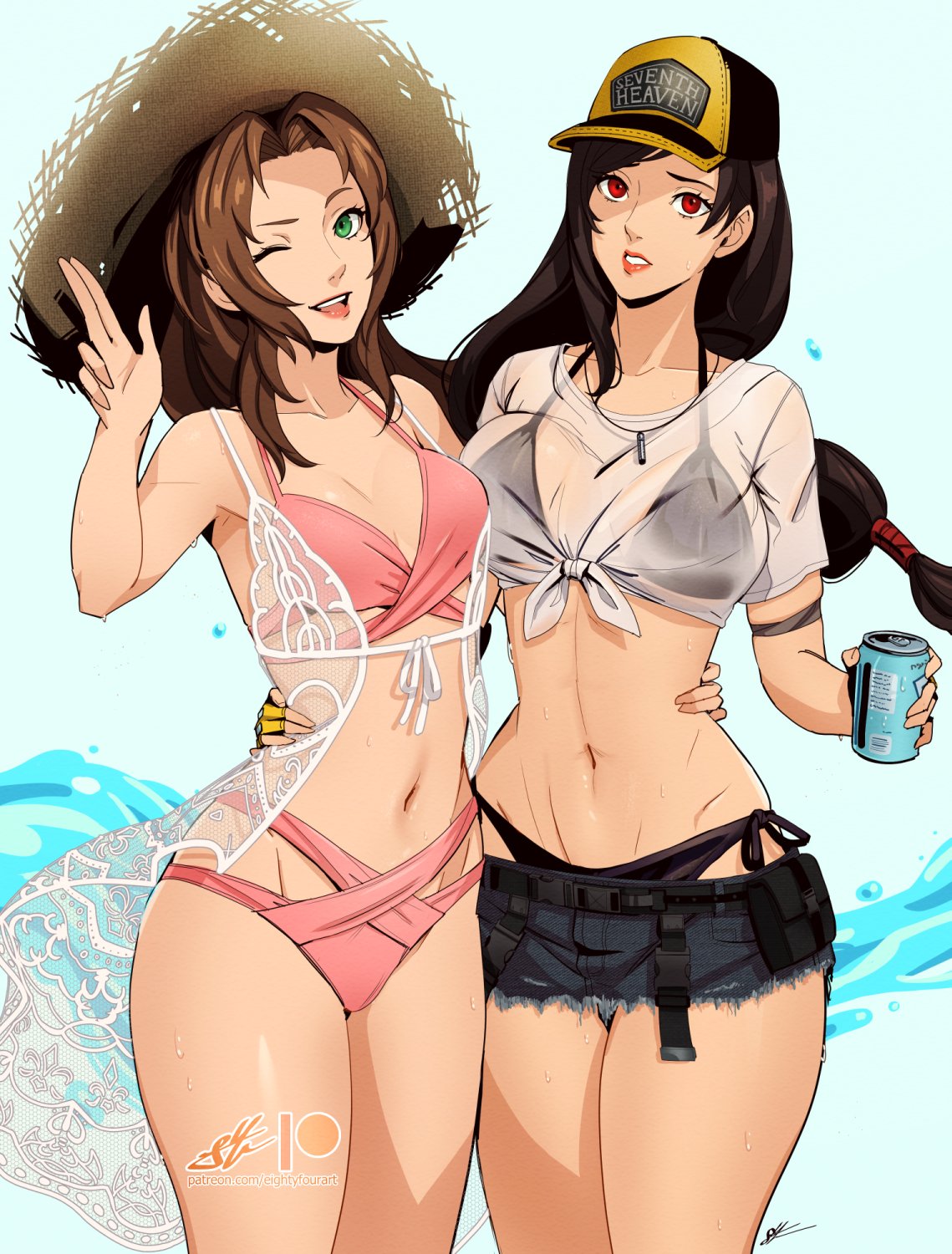 2girls, aerith gainsborough, arm around waist, bikini, bikini under clothes, black bikini, black hair, brown hair, can, commentary, costa del sol, crop top, drink can, eightyfourart, english commentary, female, female only, female torso, final fantasy, final fantasy vii, final fantasy vii: ever crisis, frayed skirt, front-tie top, green eyes, hat, highres, long hair, low-tied long hair, official alternate costume, pink bikini, red eyes, see-through clothes, see-through shirt, shirt, smile, soda can, swimsuit, tifa lockhart, wet, wet clothes, wet shirt, whistle, whistle around neck
