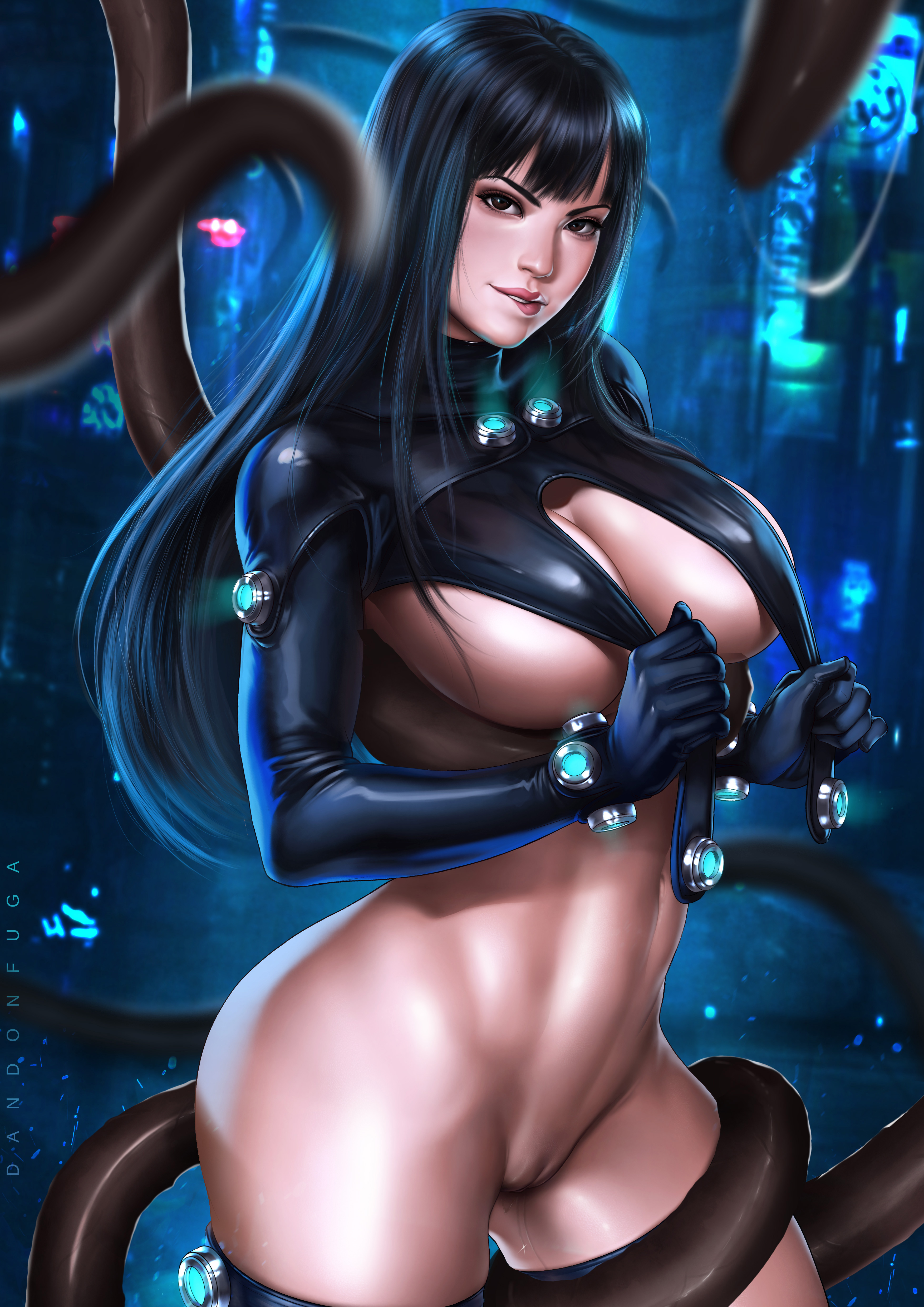1girls, big breasts, biting lip, black hair, black tentacles, bottomless, bottomless female, breasts, brown eyes, child bearing hips, clothed, clothing, dandon fuga, female, gantz, gantz suit, hairless pussy, large breasts, long hair, looking at viewer, pussy, reika shimohira, shaved pussy, solo, straps, tentacle, tentacle grab, toned, toned female