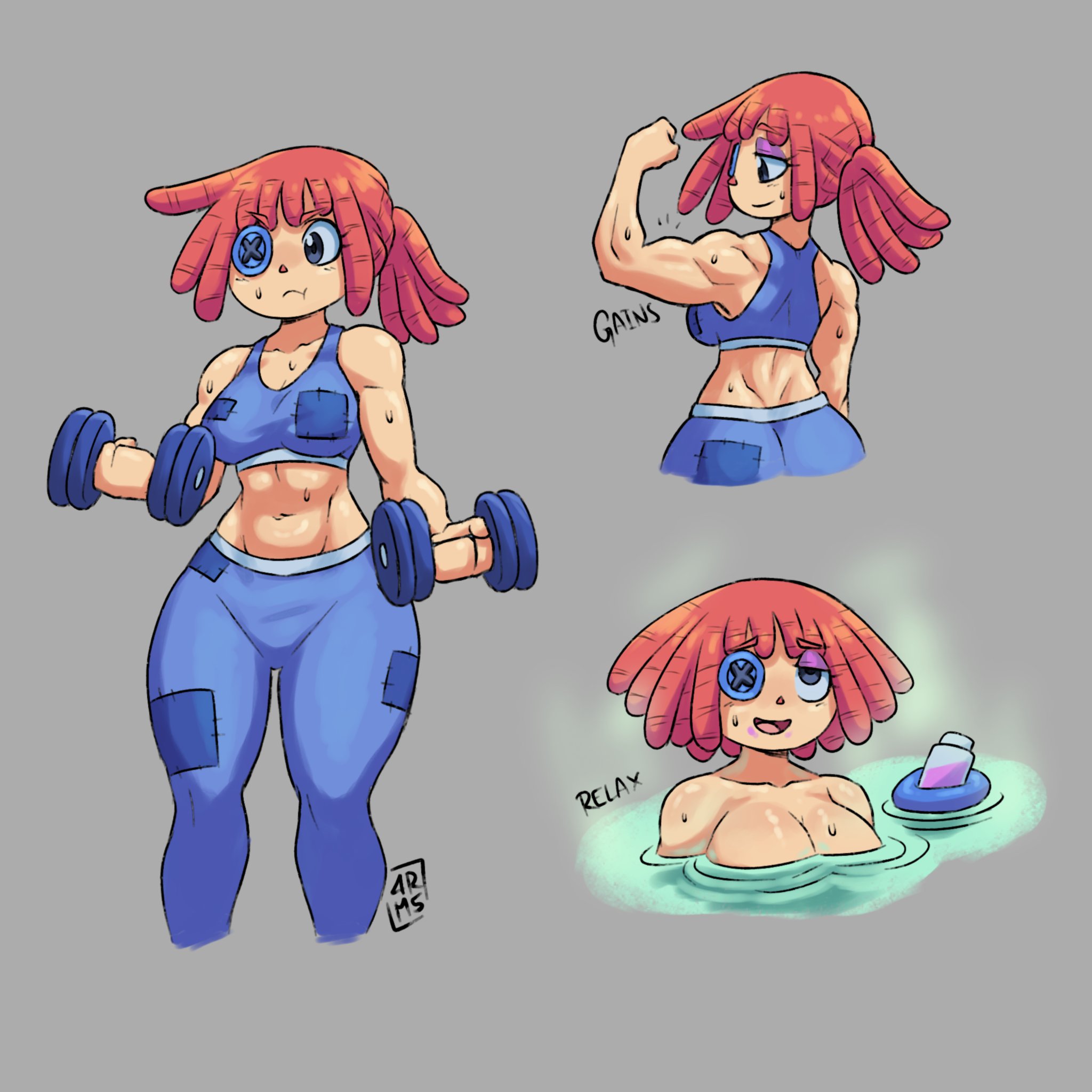 1girls, 4rm5trong, abs, bare arms, bare legs, bare shoulders, bare thighs, big breasts, clothed, clothing, color, doll girl, female, female focus, female only, fit female, hi res, large breasts, light skin, light-skinned female, muscles, muscular, muscular female, ragatha (the amazing digital circus), red hair, short hair, solo, solo female, sweatdoll, tagme, the amazing digital circus, thick thighs