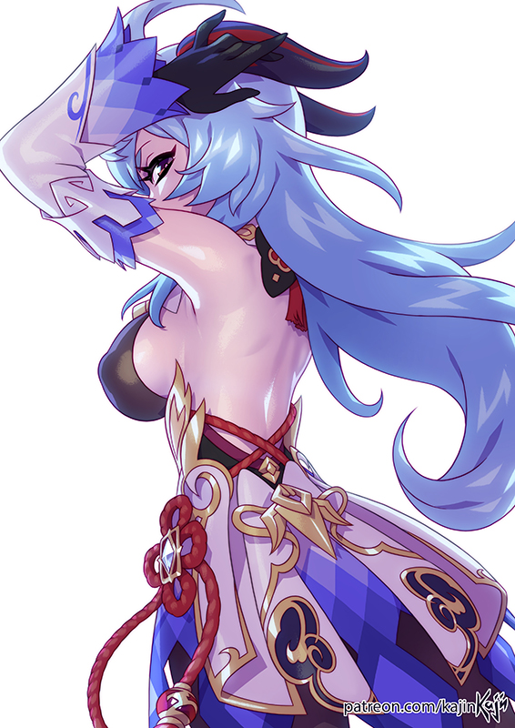 1girls, big breasts, blue hair, breasts, clothed, female, ganyu (genshin impact), genshin impact, horns, kajinman, long hair, side boob, side view, sideboob, tagme
