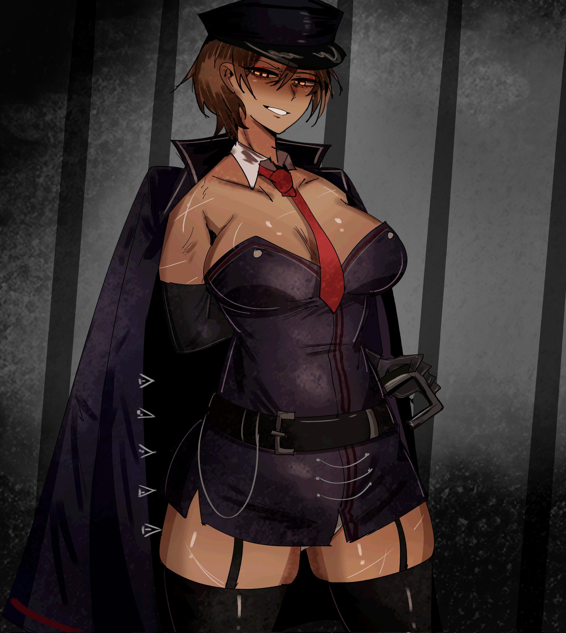 1girls, arczaeon, brown hair, cleavage, female, female only, human, large breasts, limbus company, outis (limbus company), pantyhose, project moon, standing, thick thighs, voluptuous, wide hips, yellow eyes