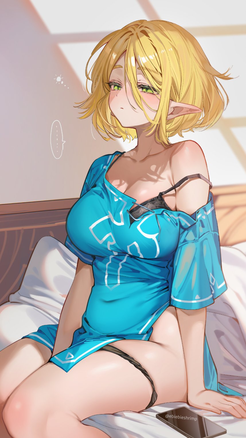 1girls, black bra, blonde hair, blue tunic, bra, breasts, champion's tunic (zelda), commentary request, female, female only, green eyes, highres, indoors, large breasts, messy hair, nintendo, panties around thighs, pointy ears, princess zelda, short blonde hair, short hair, shuri (84k), solo, strap slip, tears of the kingdom, the legend of zelda, tunic, underwear, waking up, zelda (tears of the kingdom)