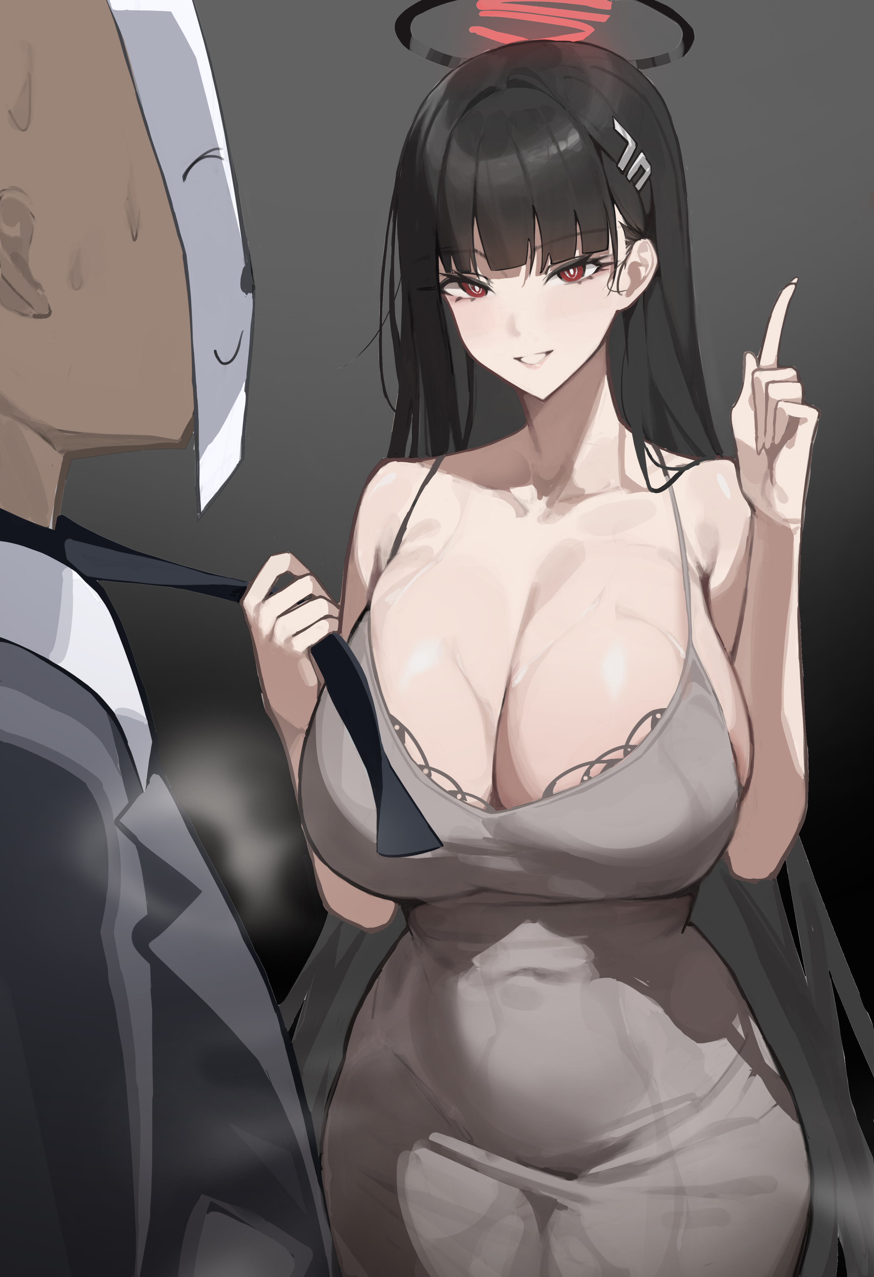 1boy, absurdres, bare shoulders, black hair, black necktie, blue archive, breasts, chinese commentary, cleavage, clothes grab, commentary request, dongtan dress, doodle sensei (blue archive), dress, female, grey dress, grin, hair ornament, hairclip, halo, highres, hyou (2664286753), large breasts, long hair, necktie, necktie grab, neckwear grab, rio (blue archive), sensei (blue archive), smile, very long hair
