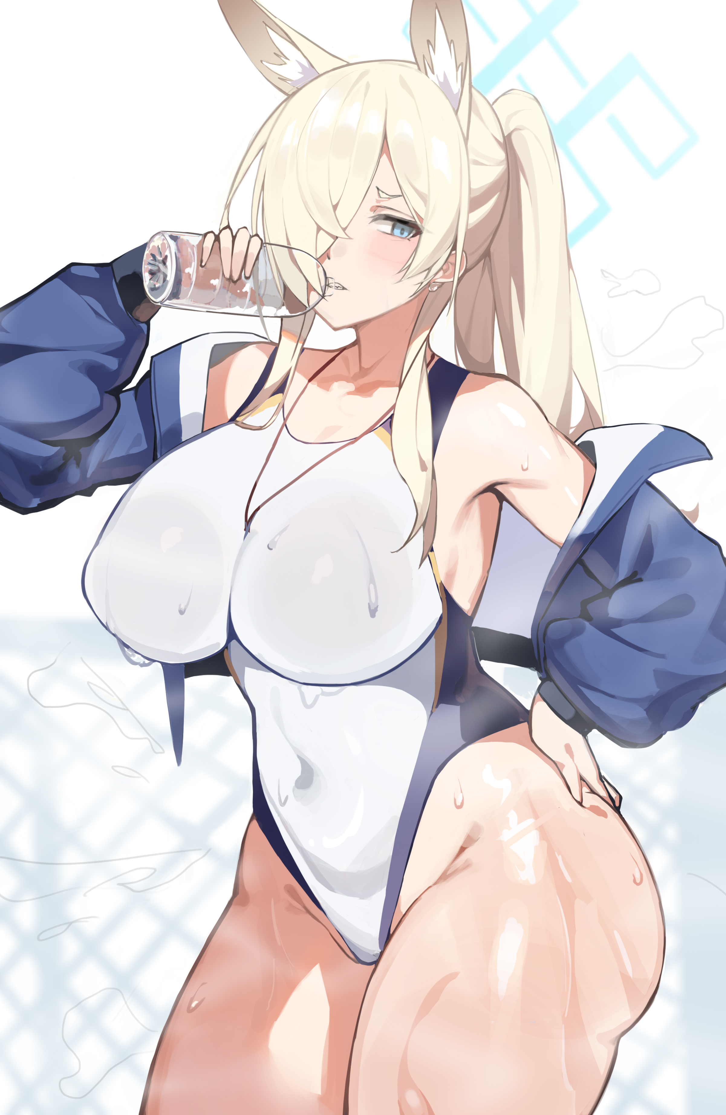 1girls, absurdres, animal ear fluff, animal ears, ass, blonde hair, blue archive, blue eyes, blue halo, blue jacket, bottle, breasts, clenched teeth, collarbone, competition swimsuit, dog ears, extra ears, female, female only, groin, halo, highres, holding, holding bottle, hyou (2664286753), jacket, kanna (blue archive), kanna (swimsuit) (blue archive), large breasts, long hair, long sleeves, looking at viewer, official alternate costume, one-piece swimsuit, open clothes, open jacket, ponytail, sharp teeth, solo, swimsuit, teeth, water bottle, whistle, whistle around neck, white one-piece swimsuit