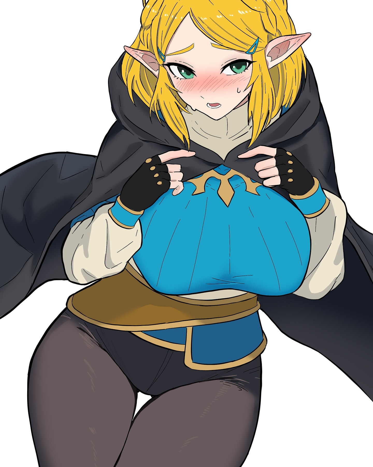 1girls, belt, black cloak, black gloves, black pants, blonde hair, blue shirt, blush, breasts, brown belt, cloak, covered erect nipples, female, female only, fingerless gloves, gloves, gluteal fold, green eyes, hair ornament, hairclip, highres, ishinabe art, large breasts, long sleeves, nintendo, pants, parted bangs, pointy ears, princess zelda, shirt, short hair, sidelocks, simple background, solo, sweatdrop, tears of the kingdom, the legend of zelda, thigh gap, tight clothes, tight pants, white background, zelda (tears of the kingdom)