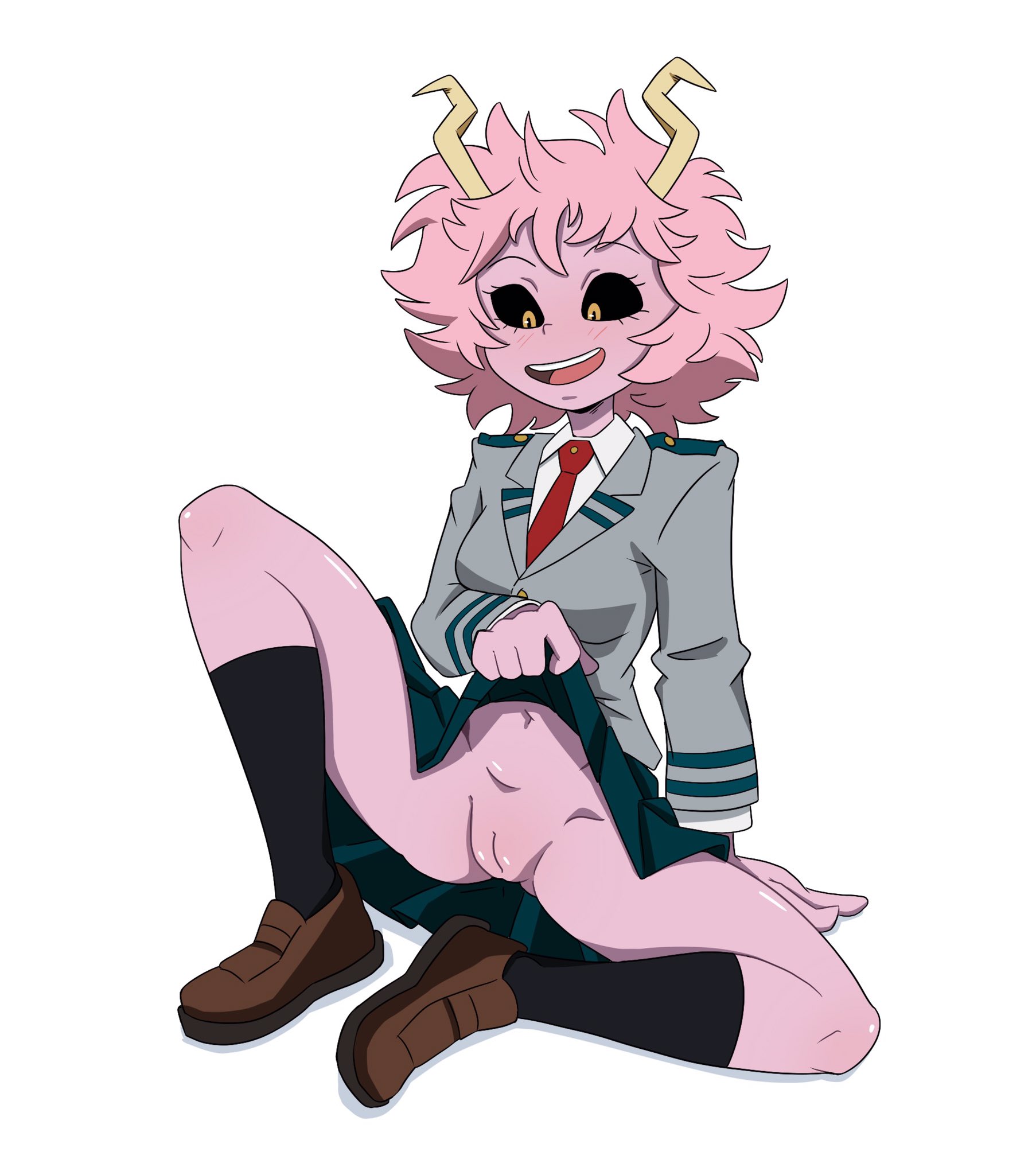 1girls, female, horns, mina ashido, my hero academia, no panties, pink hair, pink skin, pussy, school uniform, short hair, skirt, skirt lift, solo, teenager, thrumbo, upskirt