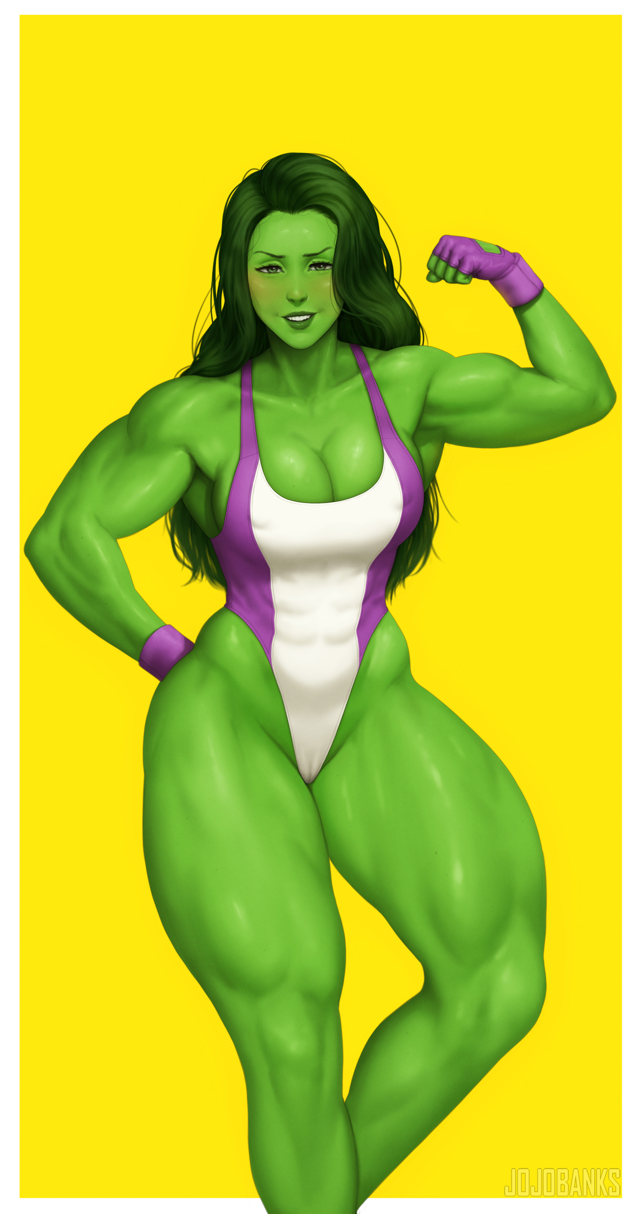 1female, 1girls, armpits, ass, big ass, big breasts, big muscles, big thighs, blush, breasts, cameltoe, cleavage, digital art, digital drawing (artwork), digital media (artwork), fanart, female, female abs, female only, fingerless gloves, fit, fit female, flexing, flexing arms, flexing bicep, flexing muscles, green body, green eyes, green hair, green skin, jojobanks, long hair, looking at viewer, marvel, marvel comics, mature, mature body, mature figure, mature woman, milf, mommy, muscle mommy, muscles, muscular, muscular abs, muscular arms, muscular biceps, muscular body, muscular female, muscular legs, muscular shoulders, muscular thighs, pinup, she-hulk, simple background, smile, smiling, smiling at viewer, solo, solo female, solo focus, superheroine, thick, thick ass, thick thighs, thighs, voluptuous, voluptuous female, wide hips