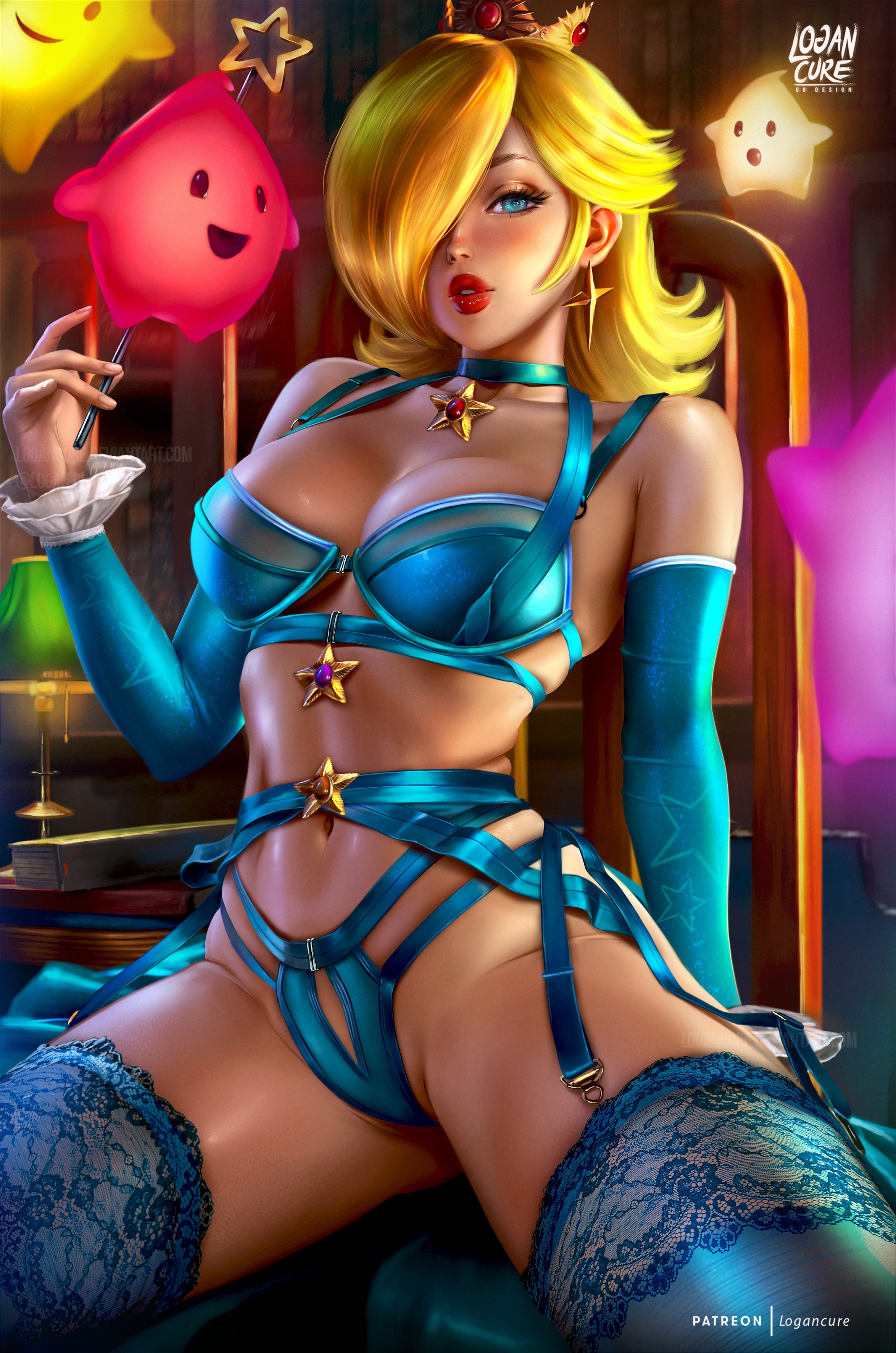 4others, absurdres, artist logo, bare shoulders, blonde hair, blue bra, blue choker, blue eyes, blue lingerie, blue thighhighs, book, bra, breasts, chair, choker, clasp, commentary, crown, detached sleeves, earrings, english commentary, eyelashes, female, fingernails, frills, hair over one eye, highres, jewelry, lamp, large breasts, lingerie, lipgloss, logan cure, logo, luma, mario (series), medium hair, multiple others, navel, nintendo, patreon username, princess rosalina, red lips, ribbon, rosalina, sparkling clothes, star (symbol), star earrings, star pin, star-shaped buckle, super mario galaxy, thighhighs, underwear, wand, watermark