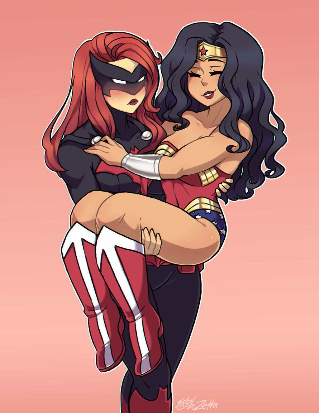 2girls batman_(series) batwoman black_hair blush blushing cute dark_hair dc_comics diana_prince horny_female kaibuzetta kate_kane long_hair olive_skin red_hair signature superheroine thighs wholesome wonder_woman wonder_woman_(series) yuri