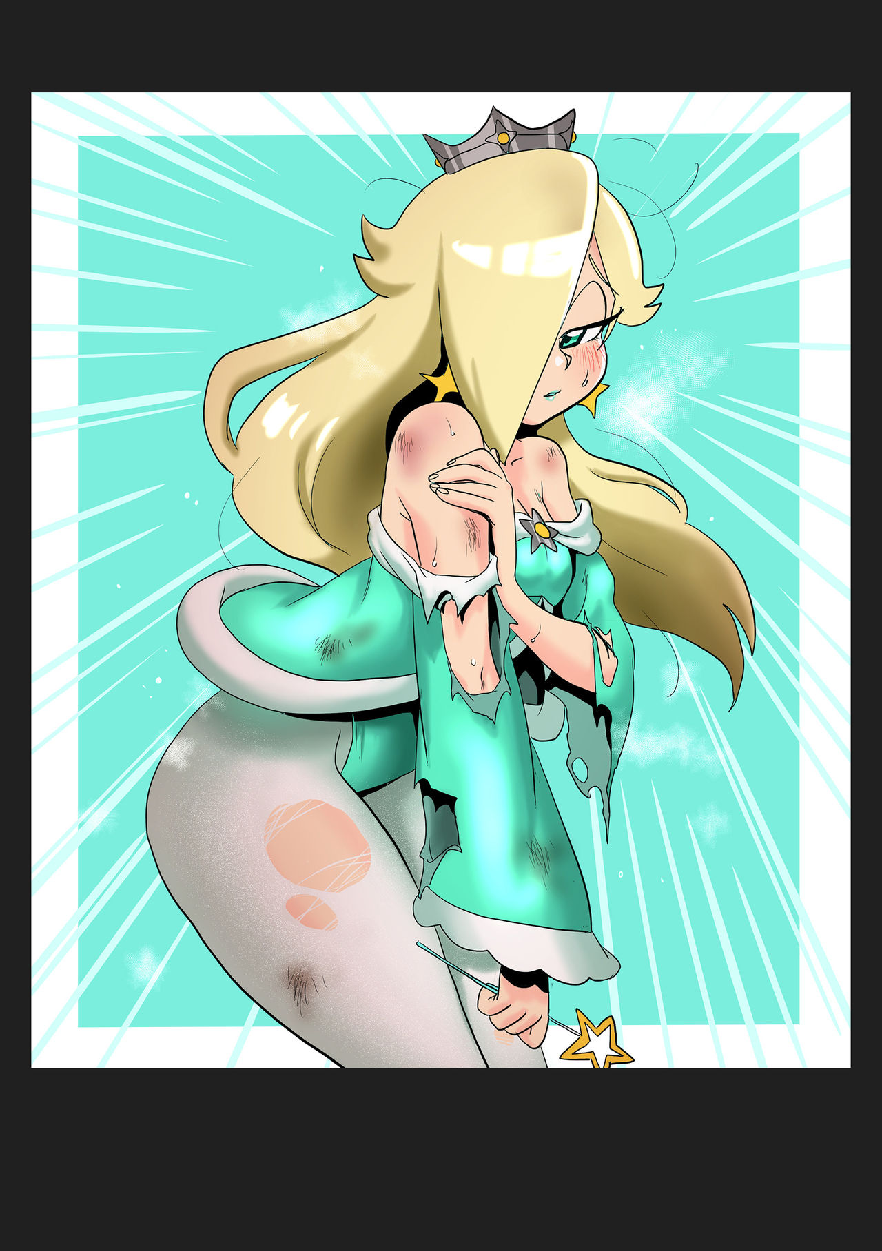 blonde hair, blue lipstick, bruise, crown, cyan lipstick, female, green lipstick, hair over one eye, lipstick, makeup, mario (series), princess rosalina, ripped clothing, ripped stockings, sasatseng, solo, teal lipstick, wand