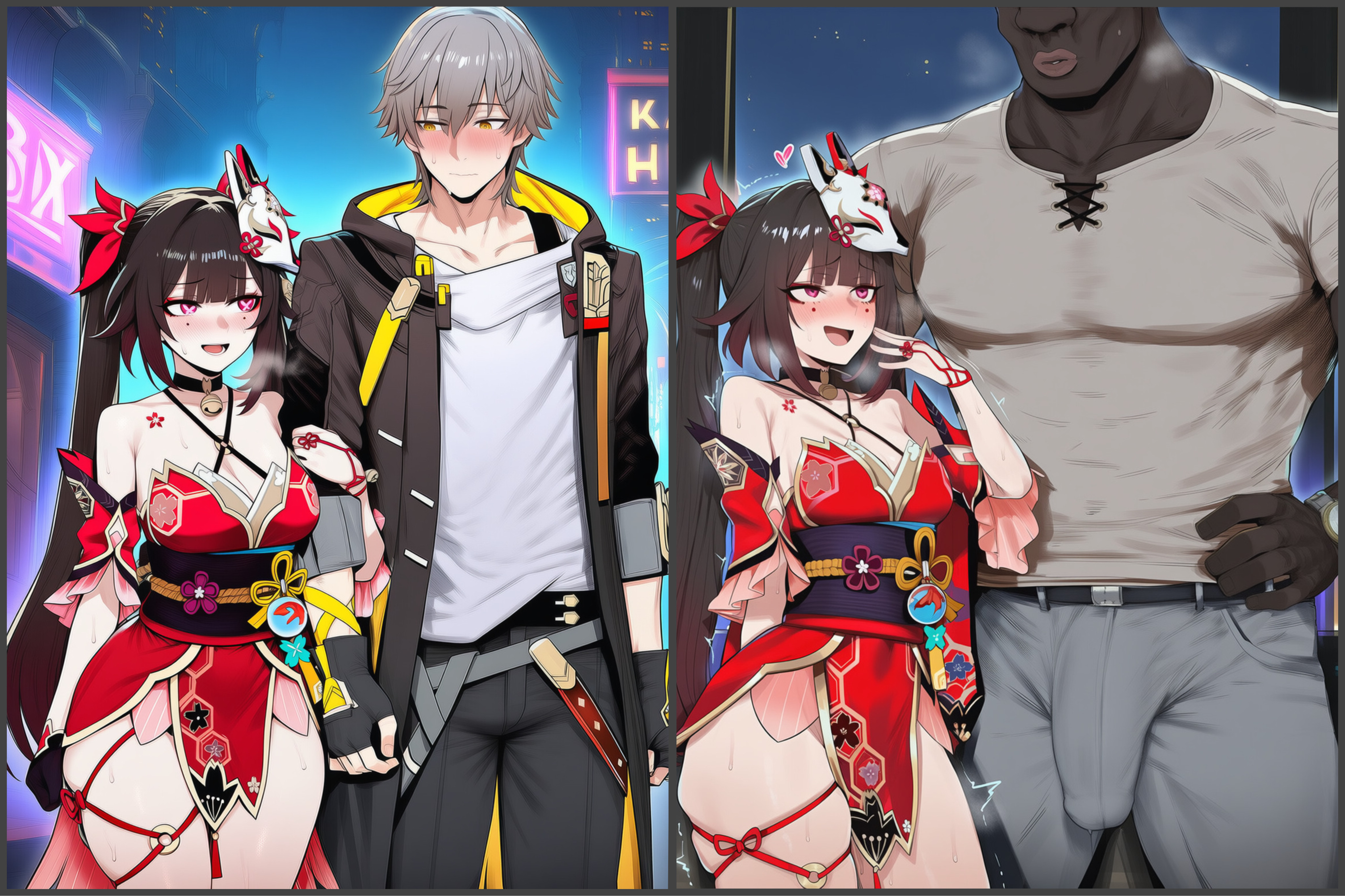 1boy1girl, 1girls, 2boys, ai generated, before and after, blue eyes, blush, brown hair, bulge, caelus (honkai: star rail), dark-skinned male, female, heart-shaped pupils, honkai: star rail, hoyoverse, imminent oral, imminent penetration, imminent sex, koikatsufans, larger male, male, muscular male, red eyes, sparkle (honkai: star rail), standing, straight