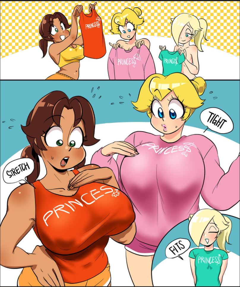 2koma, 3girls, alternate skin color, alternative skin color, bangs, big breasts, blonde hair, blue eyes, breasts, brown hair, clothes writing, clothing, comic, dark skin, dark-skinned female, female, female only, green eyes, huge breasts, mario (series), multiple females, multiple girls, nightgown, nintendo, princess daisy, princess peach, princess rosalina, royalty, sasatseng, shirt, shirt pull, simple background, standing, tan skin, tanktop, text, text bubble, text focus, tied hair, tight clothing, tight fit
