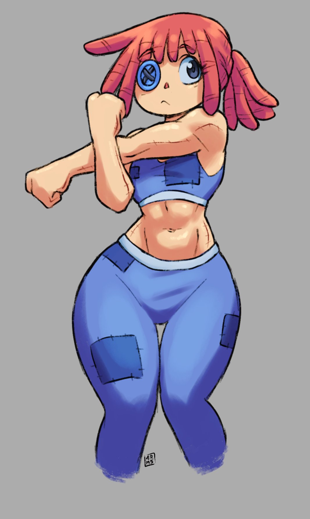 1girls, 4rm5trong, abs, bare arms, bare legs, bare shoulders, bare thighs, big breasts, clothed, clothing, color, doll girl, female, female focus, female only, fit female, hi res, large breasts, light skin, light-skinned female, muscles, muscular, muscular female, ragatha (the amazing digital circus), red hair, short hair, solo, solo female, sweatdoll, tagme, the amazing digital circus, thick thighs