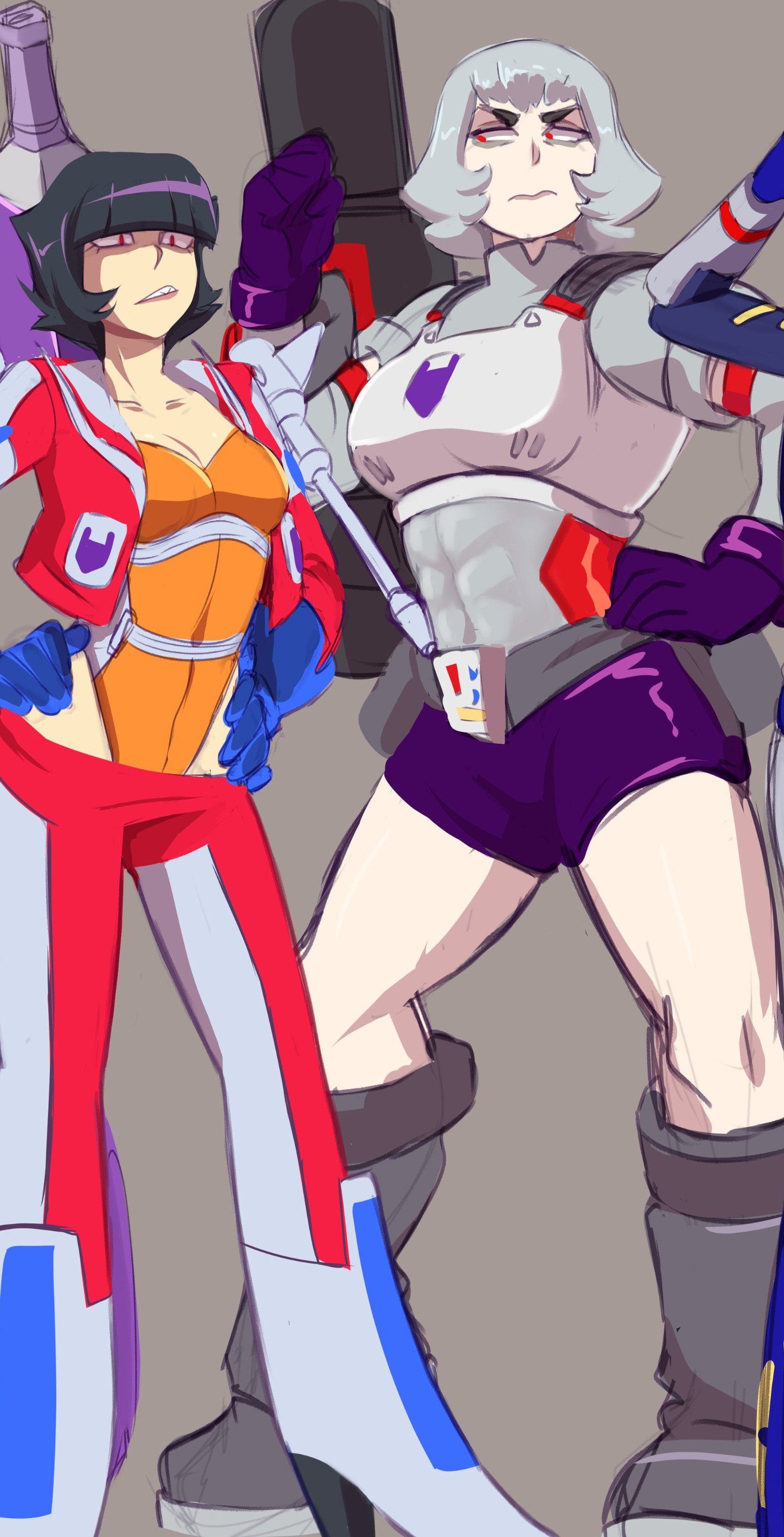 2girls, abs visible through clothing, bad bitch, fanart, female focus, human, jobbythehong, medium breasts, megatron, megatron (jobbythehong), rule 63, short hair, skinny female, slightly muscular, starscream, starscream (jobbythehong), thick thighs, transformers