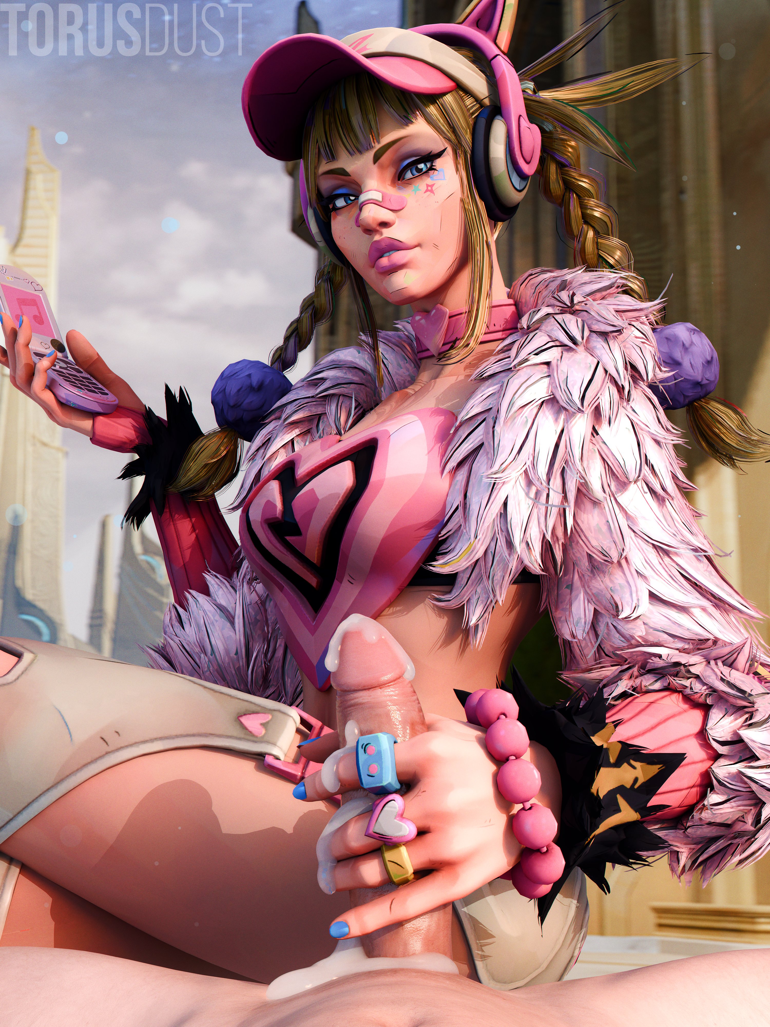 1boy, 1girls, 3d, 3d (artwork), bandage, bandaid, blonde female, blonde hair, blue eyeshadow, blue nails, cat headphones, cum, fur coat, handjob, heart choker, looking at viewer, magik (illyana rasputin), magik (marvel rivals), magik (new millenia might), marvel, marvel rivals, phone, pink bandaid, pink hat, pink lips, pink lipstick, pov, torusdust, watermark