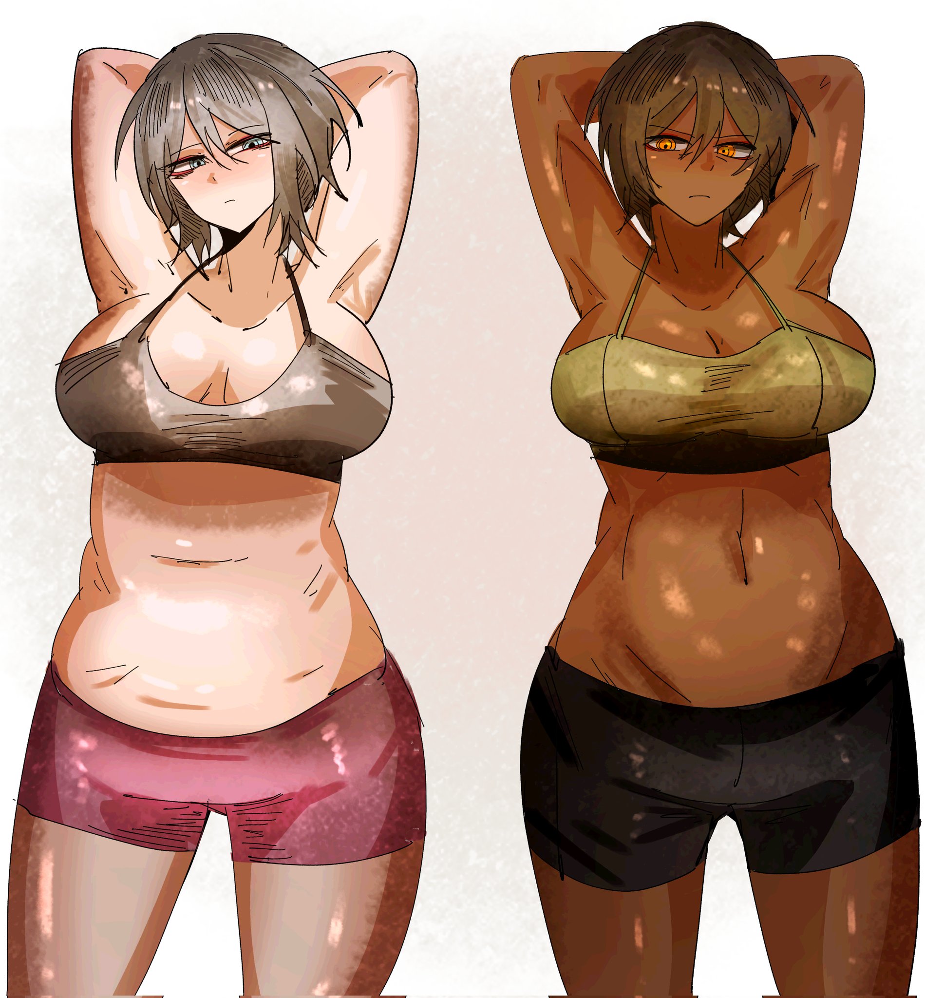 2girls, arczaeon, blue eyes, brown hair, comparing, comparing breasts, dark-skinned female, faust (limbus company), female, female only, huge breasts, human, large breasts, light-skinned female, limbus company, no penetration, outis (limbus company), project moon, revealing clothes, skimpy, standing, white hair, yellow eyes
