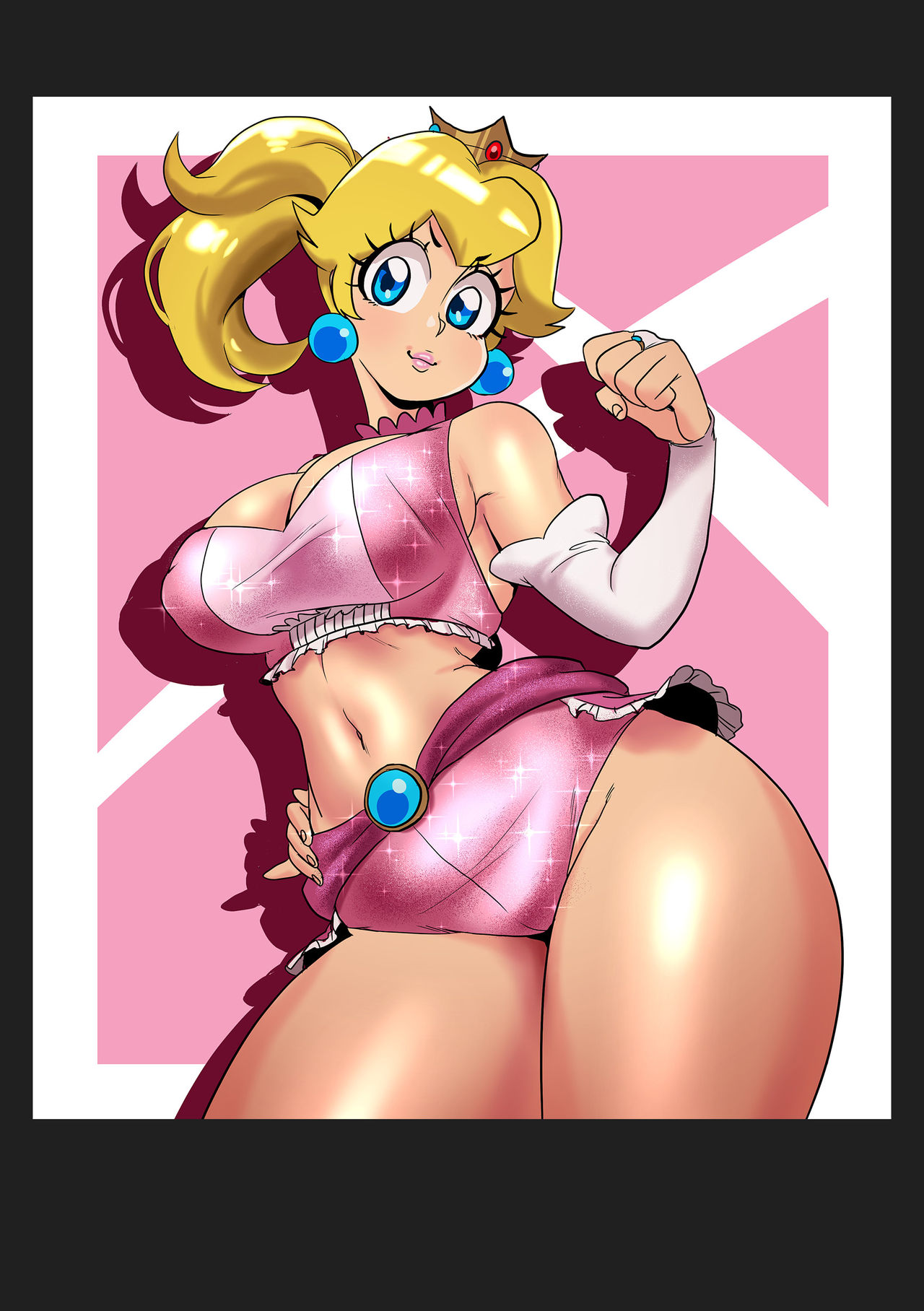 blonde hair, female, mario (series), princess peach, royalty, sasatseng, shiny clothes, solo, sweating, wrestling outfit