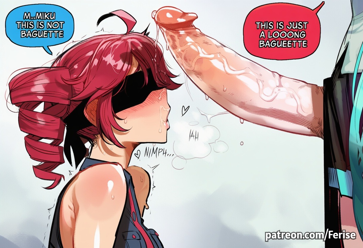 1futa, 1girls, 2girls, after fellatio, ahoge, ai assisted, ai generated, bare shoulders, black blindfold, black shirt, black skirt, blindfold, blush, covered eyes, drill hair, english text, erection, ferise, focus on penis, food play, from side, futa with female, futanari, grey shirt, hatsune miku, heart, highres, huge cock, imminent oral, joke, kasane teto, kneeling, large penis, long hair, long penis, multiple girls, penis, penis awe, penis on face, precum, red hair, scared, shirt, skirt, sleeveless, sleeveless shirt, speech bubble, sweat, trembling, twin drills, twintails, twitching penis, uncensored, veins, veiny penis, vocaloid