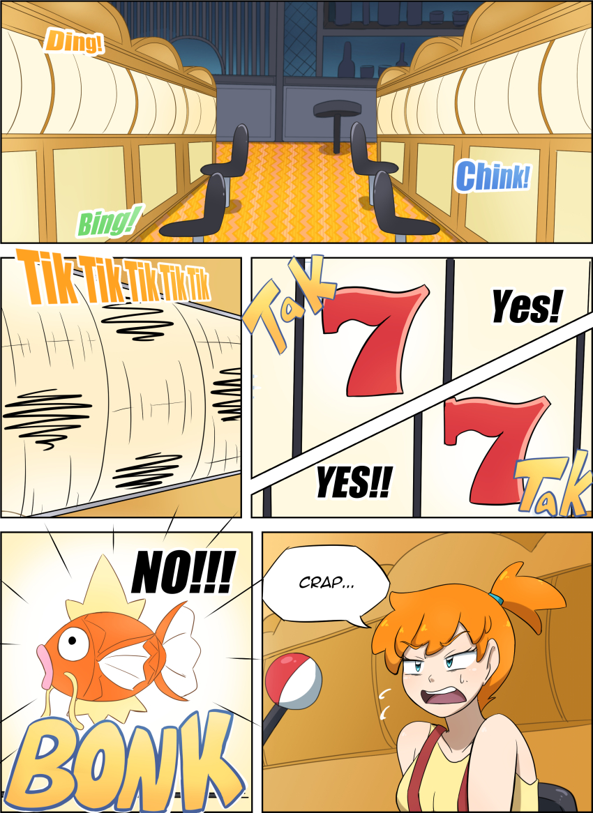 1girls, blush, breasts, comic, female, female only, game freak, hi res, human, human only, kasumi (pokemon), kobi-tfs, midriff, misty (pokemon), navel, nintendo, orange hair, pokemon, ponytail, solo, solo female, text, tomboy