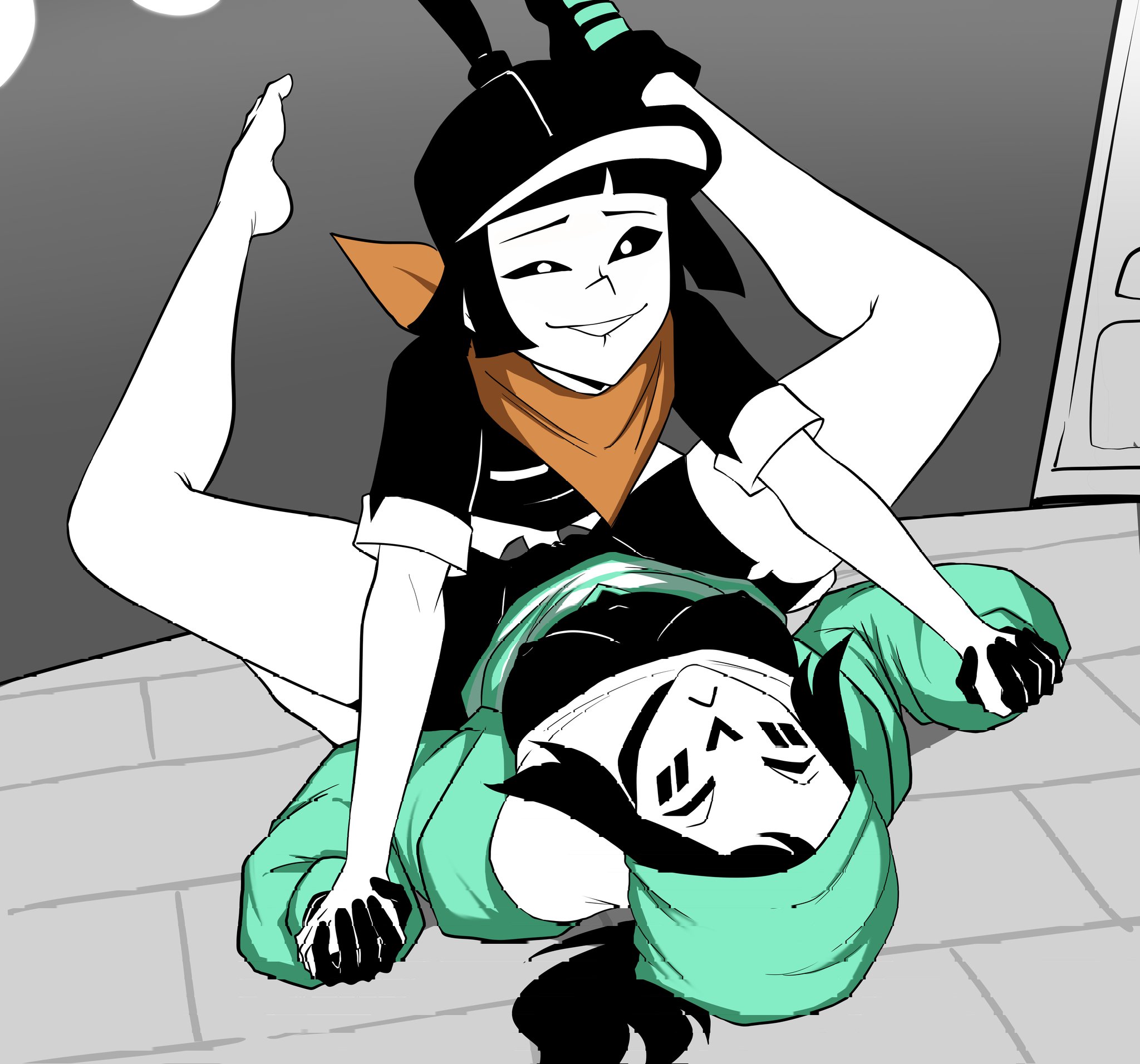 1boy, 1boy1girl, 1girl1boy, 1girls, 2d, biting lip, biting own lip, black body, black cap, black clothing, black hair, black hat, black nipples, black sclera, black skin, breasts, breasts out, dashie (derpixon), female, female penetrated, male, male penetrating, male penetrating female, male/female, mask, masked, masked female, mating press, mime and dash, navel, nipples, older female, older female and younger male, orange scarf, orgasm face, penile penetration, penis, penis in pussy, pussy, rule 63, sex, small penis, tacocatiii, teal clothing, thigh highs, thigh socks, thighhighs, thighs, tomtom (derpixon), white skin, white socks, younger male, younger penetrating older
