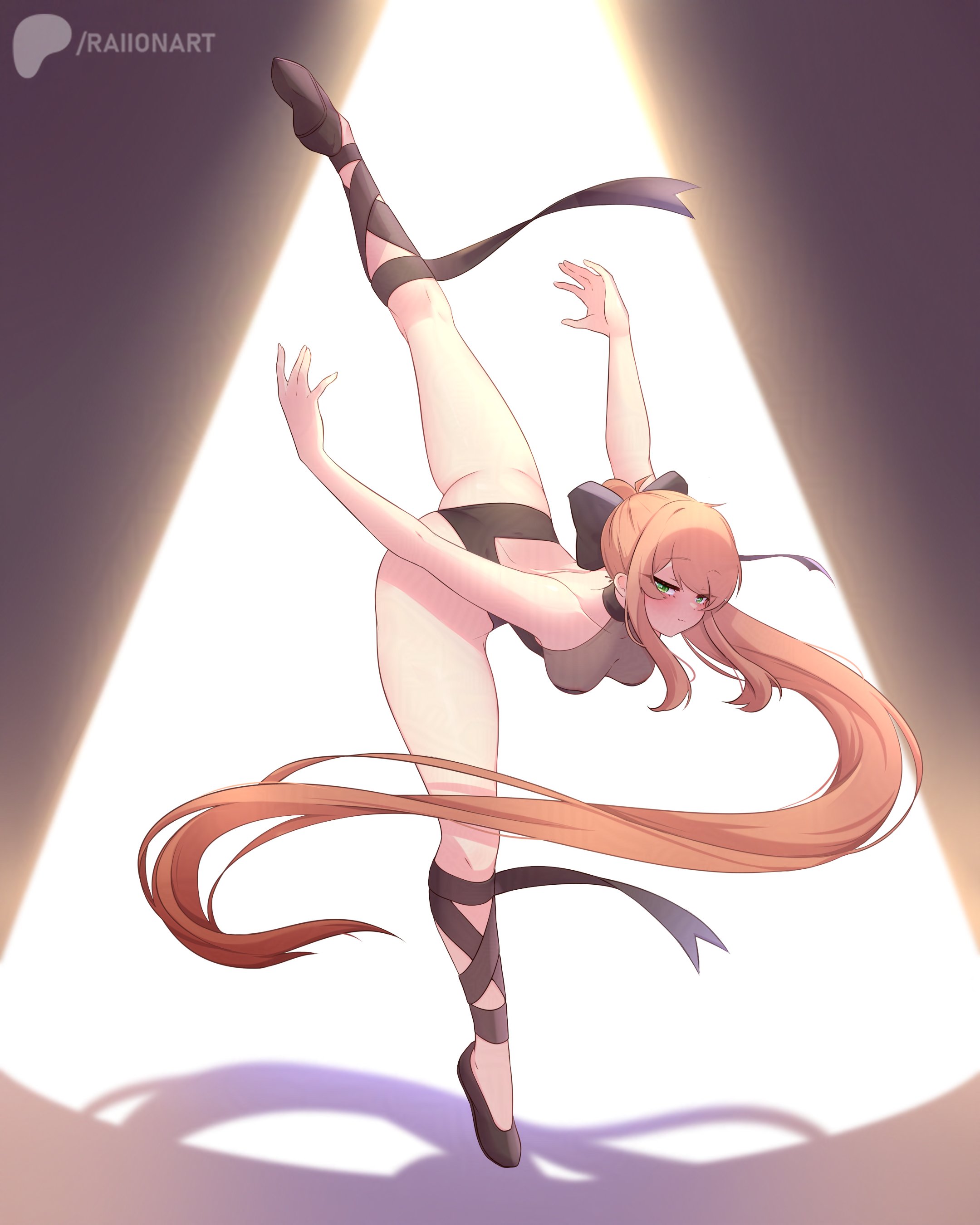 1girls, acrobatic, athletic, ballerina, ballet, bow, brown hair, dancing, doki doki literature club, flexible, green eyes, legs up, long hair, monika (doki doki literature club), patreon username, ponytail, raionart, ribbon, spotlight, stage lights