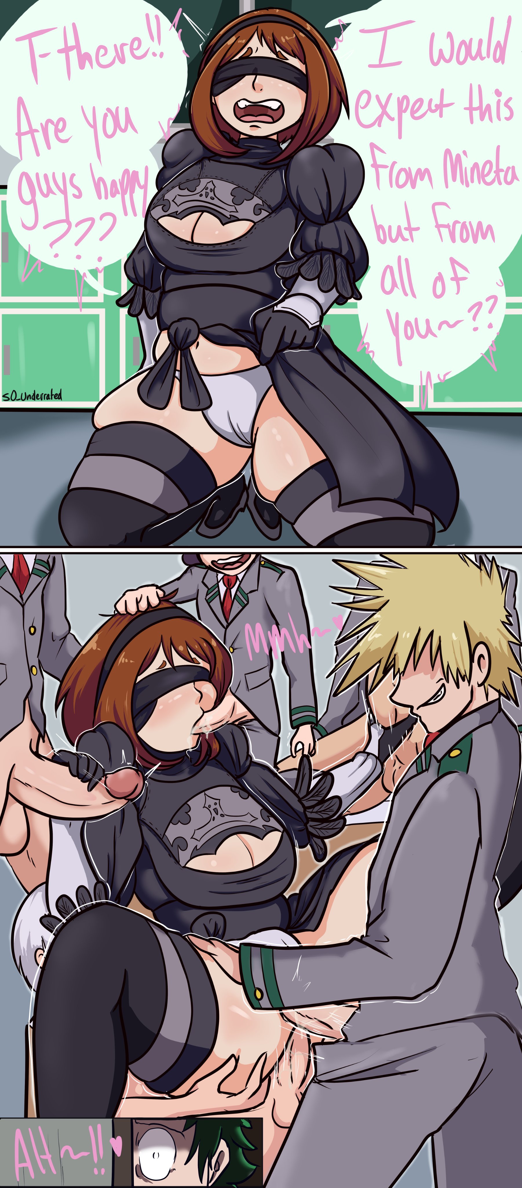 1girls, 6boys, anal, anal sex, big breasts, big penis, black gloves, black hairband, blindfold, blindfolded, blindfolded female, blowjob, boku no hero academia, boob window, boobs, breasts, brown hair, brown hair female, cock, cosplay, crossover, crossover cosplay, dick, double penetration, fellatio, female, gangbang, genitals, gloved handjob, gloves, green hair, hairband, hand on penis, handjob, handjob with gloves, holding penis, izuku midoriya, katsuki bakugou, large penis, legwear, male, midoriya izuku, minoru mineta, multiple boys, my hero academia, nier, nier (series), nier: automata, ochako uraraka, open mouth, panties, penis, s0 underrated, sex, short hair, shouto todoroki, straight, talking, thick thighs, thighhighs, thighs, tits, touching penis, vagina, vaginal, vaginal penetration, vaginal sex, woman, yorha 2b, yorha 2b (cosplay)