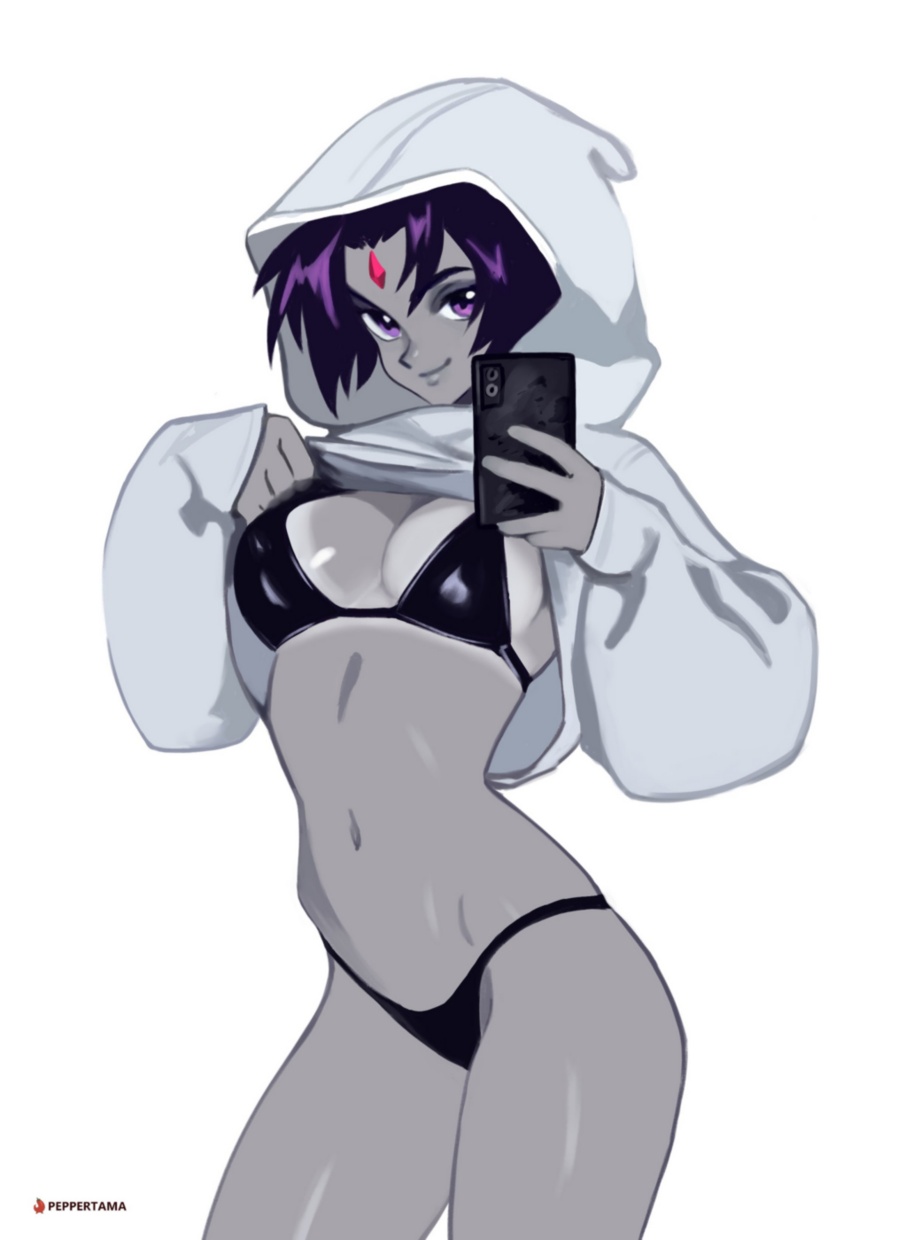 bikini, black bikini, black bikini top, black clothes, breasts, cute, cute face, dc, dc comics, flashing breasts, grey skin, hip cleavage, hoodie, medium breasts, pale, pale skin, pale-skinned female, peppertama, perfect body, perfect legs, phone, phone camera, pueple eyes, purple hair, raven (dc), selfie, selfie pose, smile, tan body, tan lines, tan skin, teen titans, white sweater