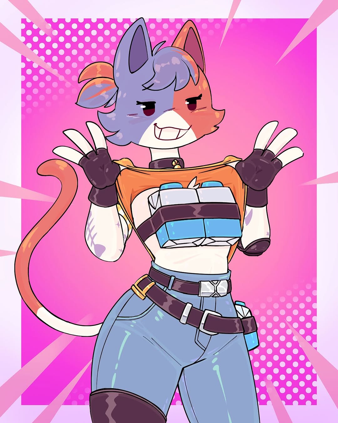 1girls, 87 g0d, animal humanoid, belt, breasts, breasts out, cat ears, cat tail, cate meowdy (fortnite), catgirl, convenient censoring, female, female only, fingerless gloves, fortnite, fully clothed, joke art, milk, milkers, pants, shirt lift, straps, tattoo, teeth, teeth showing