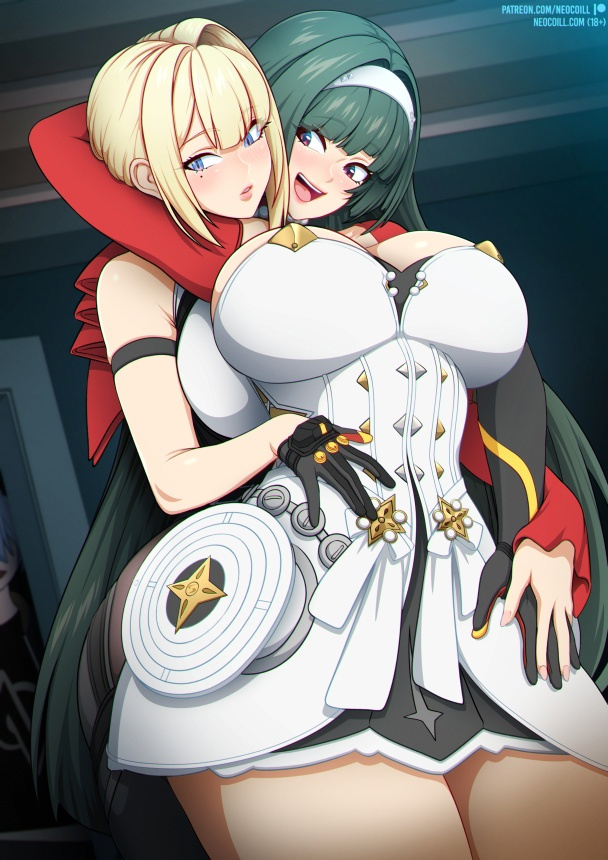 2girls, astra yao, clothed, evelyn chevalier, handwear, huge breasts, neocoill, open mouth, smile, thick thighs, threesome, wise (zenless zone zero), zenless zone zero
