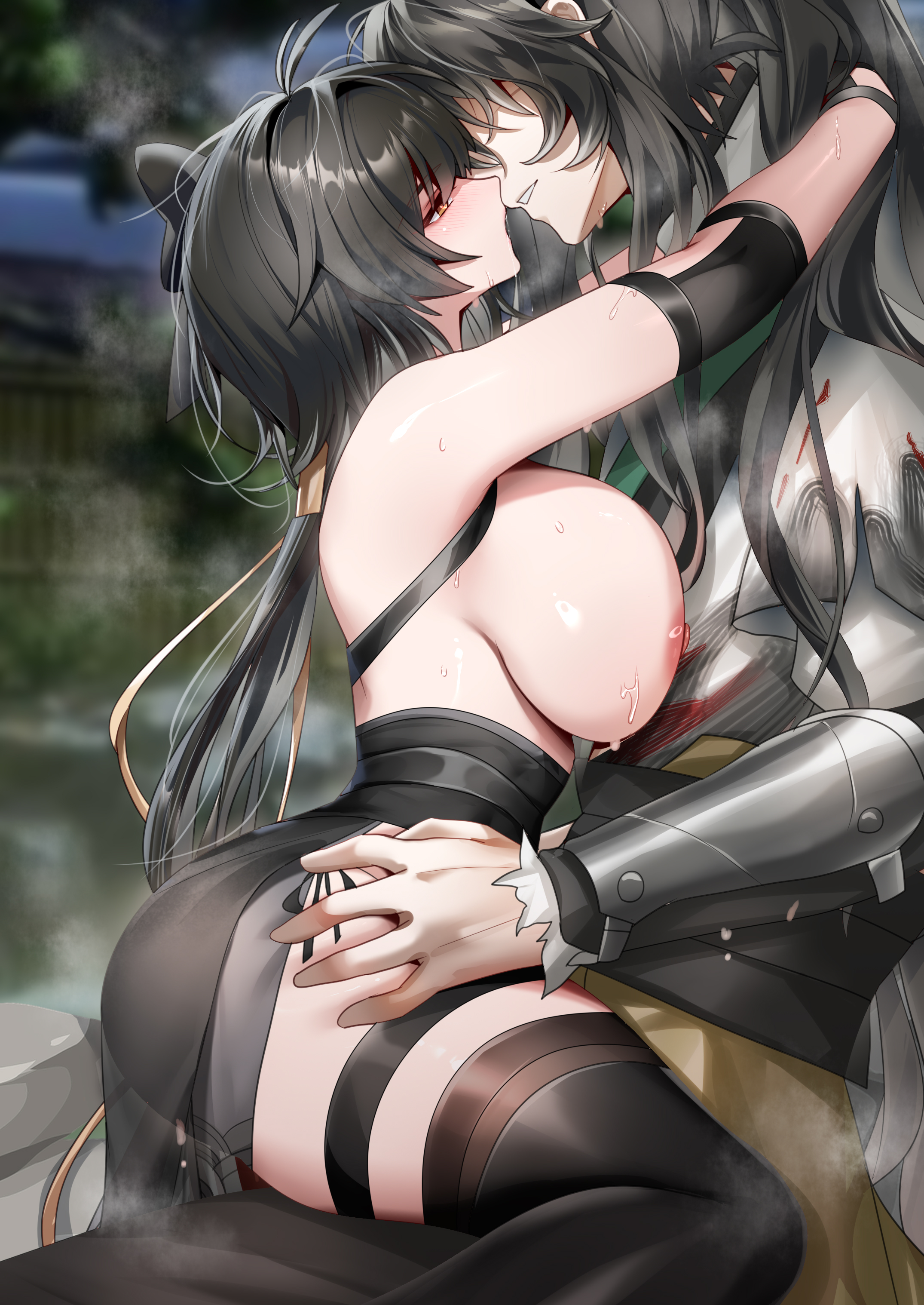 1boy, absurdres, alternate breast size (larger), arm armor, ass, black bow, black dress, black hair, blush, boots, bow, breasts, breasts out, cloak, commentary, cowgirl position, dress, eye contact, female, female rover (wuthering waves), from side, hairbow, highres, imminent kiss, large breasts, long hair, looking at another, low ponytail, muscular, muscular male, night, nipples, no eyes, onsen, orange eyes, outdoors, paid reward available, parted lips, ponytail, qiuyuan (wuthering waves), rourou (been), rover (wuthering waves), scar, smile, steam, straddling, straight, thigh boots, thigh strap, thighs, upright straddle, very long hair, wet, white cloak, wuthering waves, yellow eyes