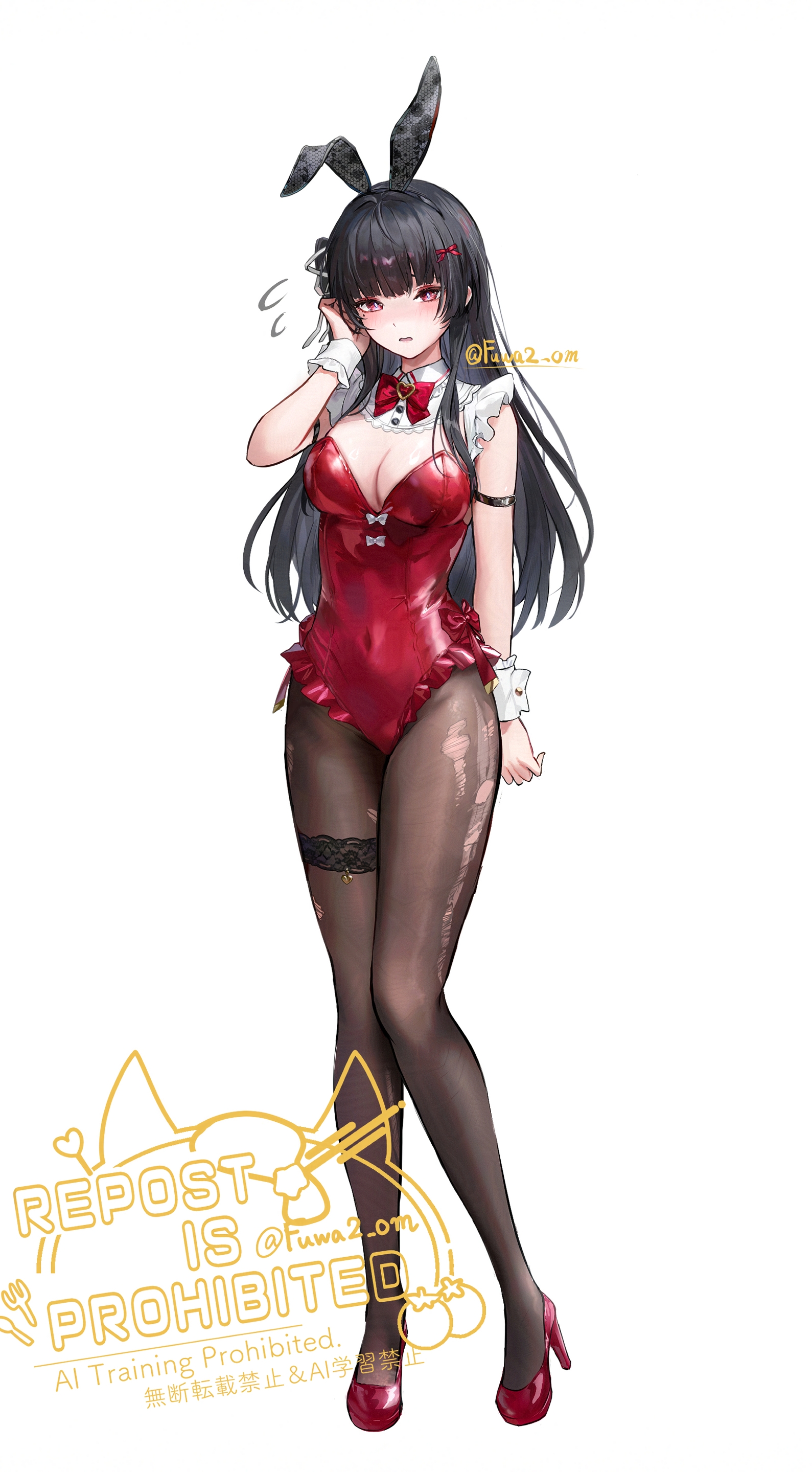 1girls, armband, black hair, breasts, bunny ears, bunnysuit, chisa (wuthering waves), cuffs, cuffs (clothing), female, fuwa2, heels, long hair, red bunnysuit, red eyes, stockings, thigh strap, wuthering waves