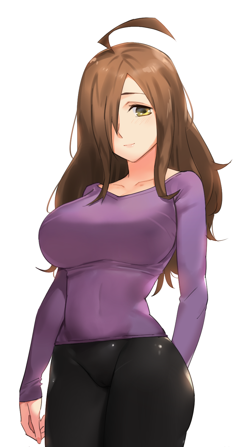 1girls 2017 ahoge breasts brown_hair cameltoe clothed clothing female female_only fully_clothed hair_over_one_eye highres kono_subarashii_sekai_ni_shukufuku_wo! large_breasts long_hair pants purple_clothing sendrawz shirt simple_background slq smile solo standing thighs tight_clothing tight_pants wiz_(konosuba) yellow_eyes