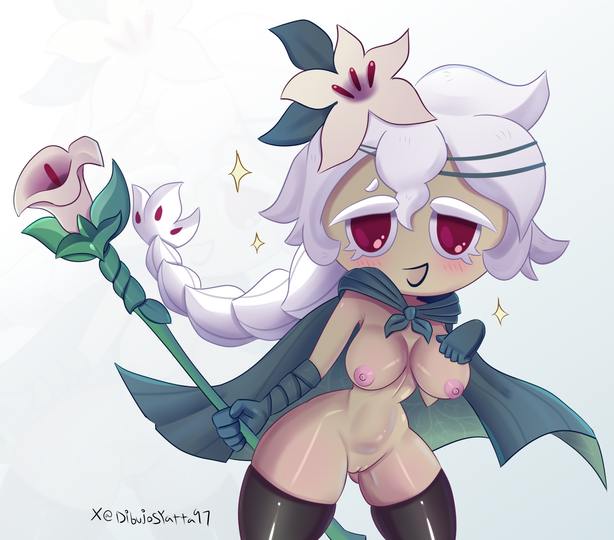 big breasts, breasts, cape, cookie, cookie run, cookie run kingdom, dibujosyatta97, exposed breasts, exposed pussy, holding staff, legwear, lily (flower), long hair, pale skin, pussy, red eyes, scepter, showing breasts, showing pussy, solo female, thick thighs, vagina, white hair, white lily cookie