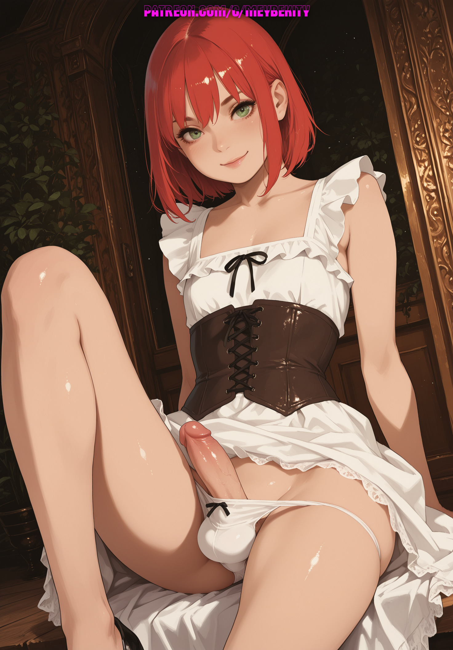 1boy, ai generated, ass, balls, corset, dress, femboy, green eyes, light-skinned femboy, looking at viewer, meybekity, otoko no ko, panties, penis, red hair, redhead, solo, trap, yaoi