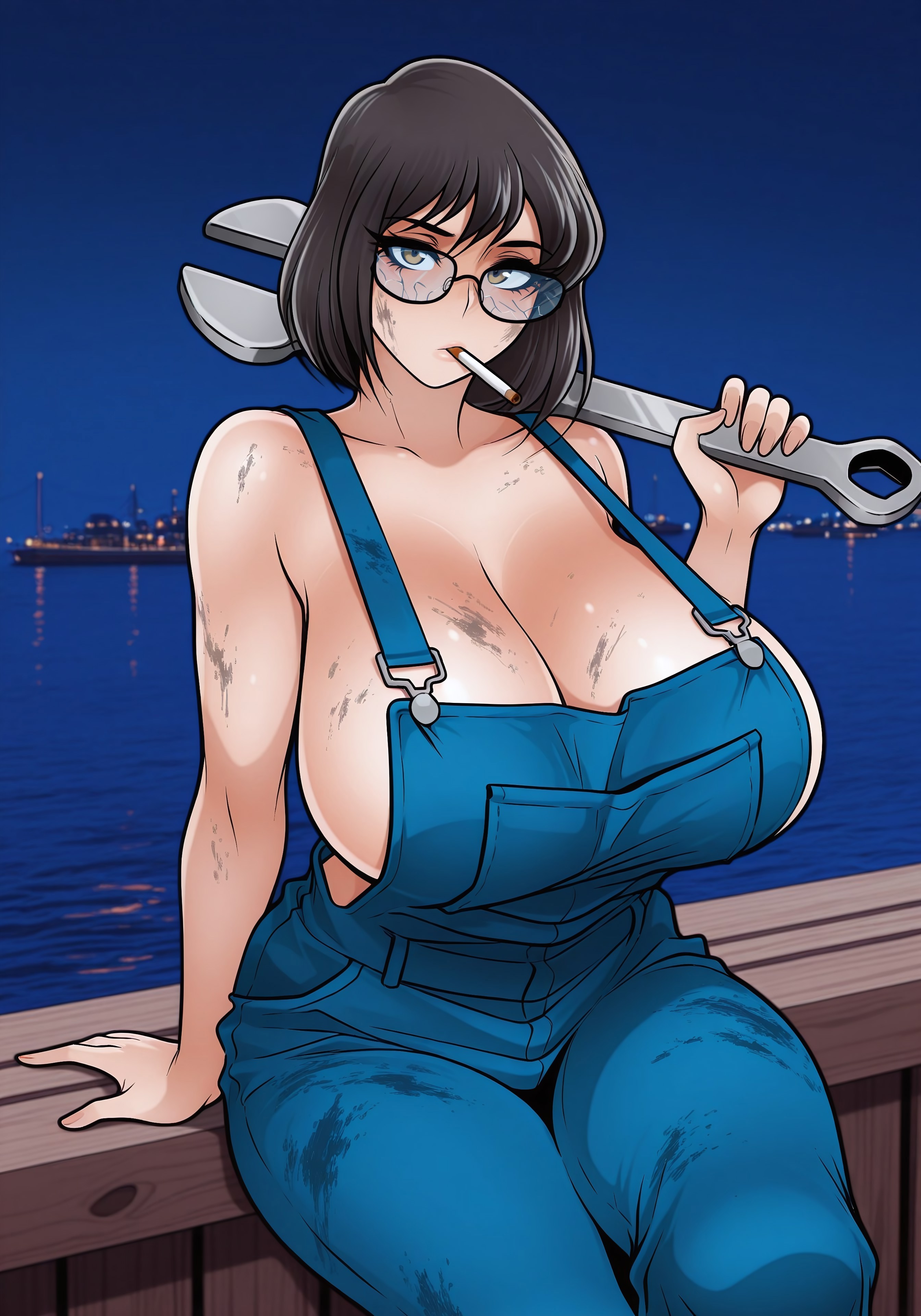 ai generated, ai jago dibuja, black hair, boat, broken glasses, cracked glasses, dirty clothing, dirty face, glasses, hazel eyes, hiroko (living with hipstergirl and gamergirl), huge breasts, living with hipstergirl and gamergirl, looking at viewer, mechanic, milf, overalls, overalls only, pinup, shipyard, shirtless, smoking cigarette, wrench