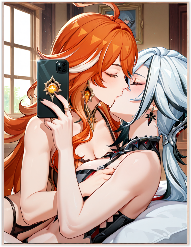 2females, 2girls, 2women, ai generated, arlecchino (genshin impact), female, female only, genshin impact, lesbian couple, lesbian domination, lesbian focus, lesbian kiss, mavuika (genshin impact), sapphic, selfie, yuri