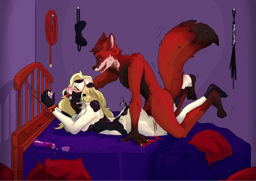 anthro ball_gag blood bodily_fluids bondage bondage bound canid canine domestic_pig duo female fox gag male male/female mammal spot_pig suid suina sus_(pig) trixie_spottedtail unknown_artist