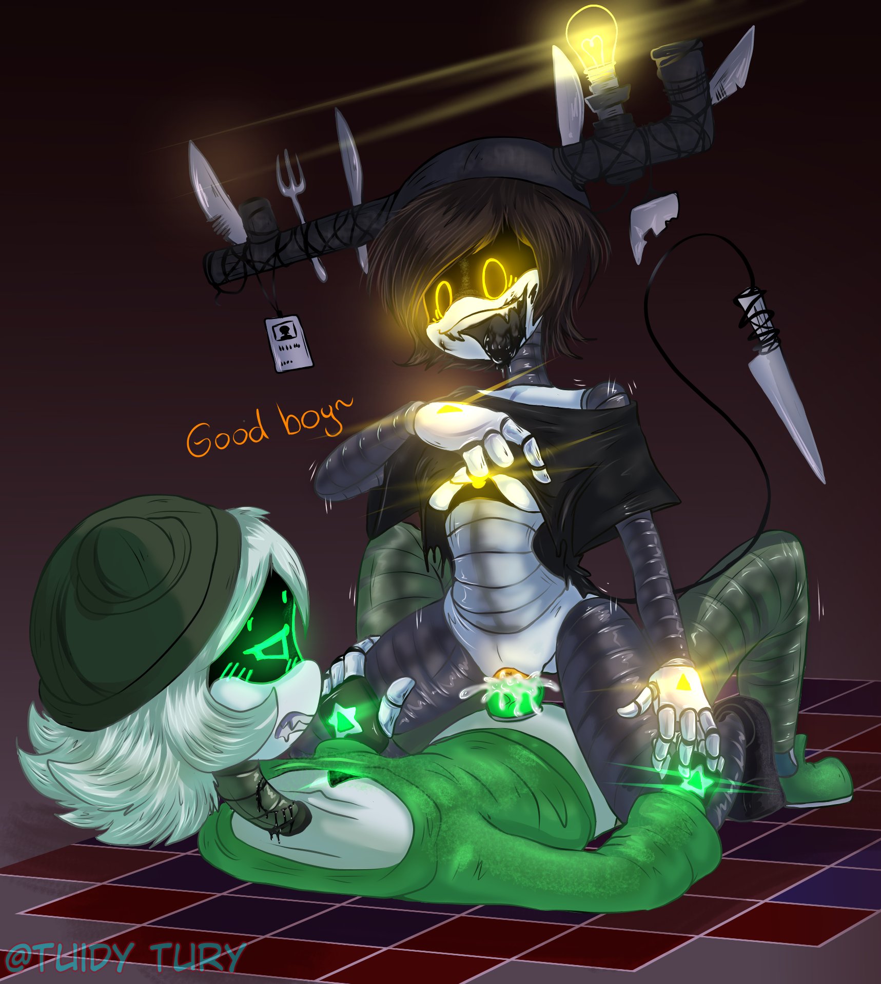 alice (murder drones), bite mark, bite mark on neck, bite marks, brown hair, canon x oc, covered nipples, covering breasts, crazy eyes, crazy female, crazy smile, cum, cum in pussy, cum inside, dominant female, female dominating male, glitch productions, green eyes, green hair, holding legs, male sub, male/female, mature female, murder drones, oc, oc x canon, older female, orange eyes, questionable consent, sex, submissive male, teasing, tongue, tongue out, tuidytury, worker drone, younger male