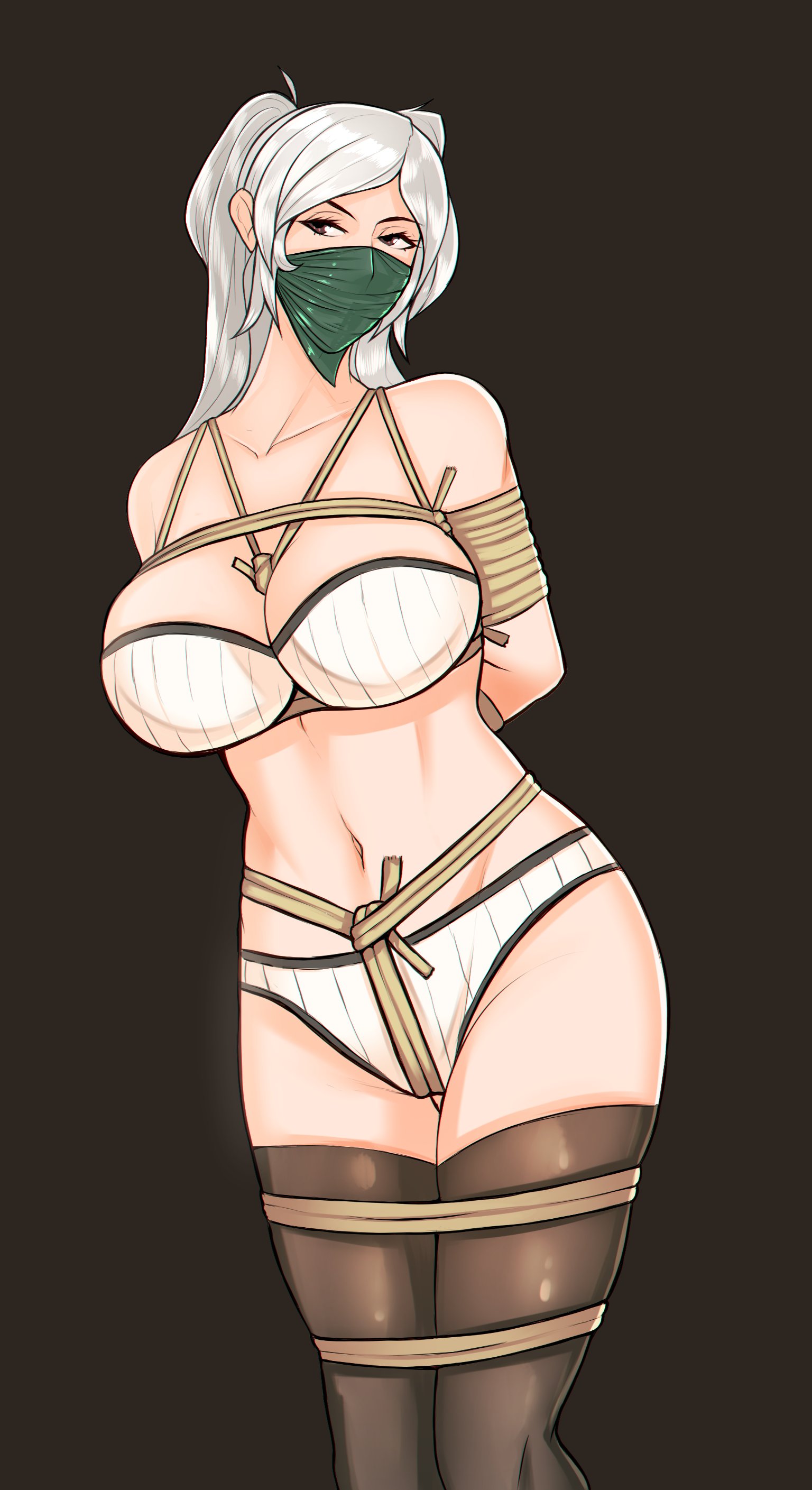 1girls, bare thighs, bondage, bound, breasts, brown eyes, cloth gag, falsealias, female, female only, femsub, fire emblem, fire emblem awakening, gag, large breasts, long hair, mature female, nintendo, panties, robin (fire emblem), robin (fire emblem) (female), rope, rope between breasts, rope bondage, rope harness, solo, thighhighs, white hair, white panties