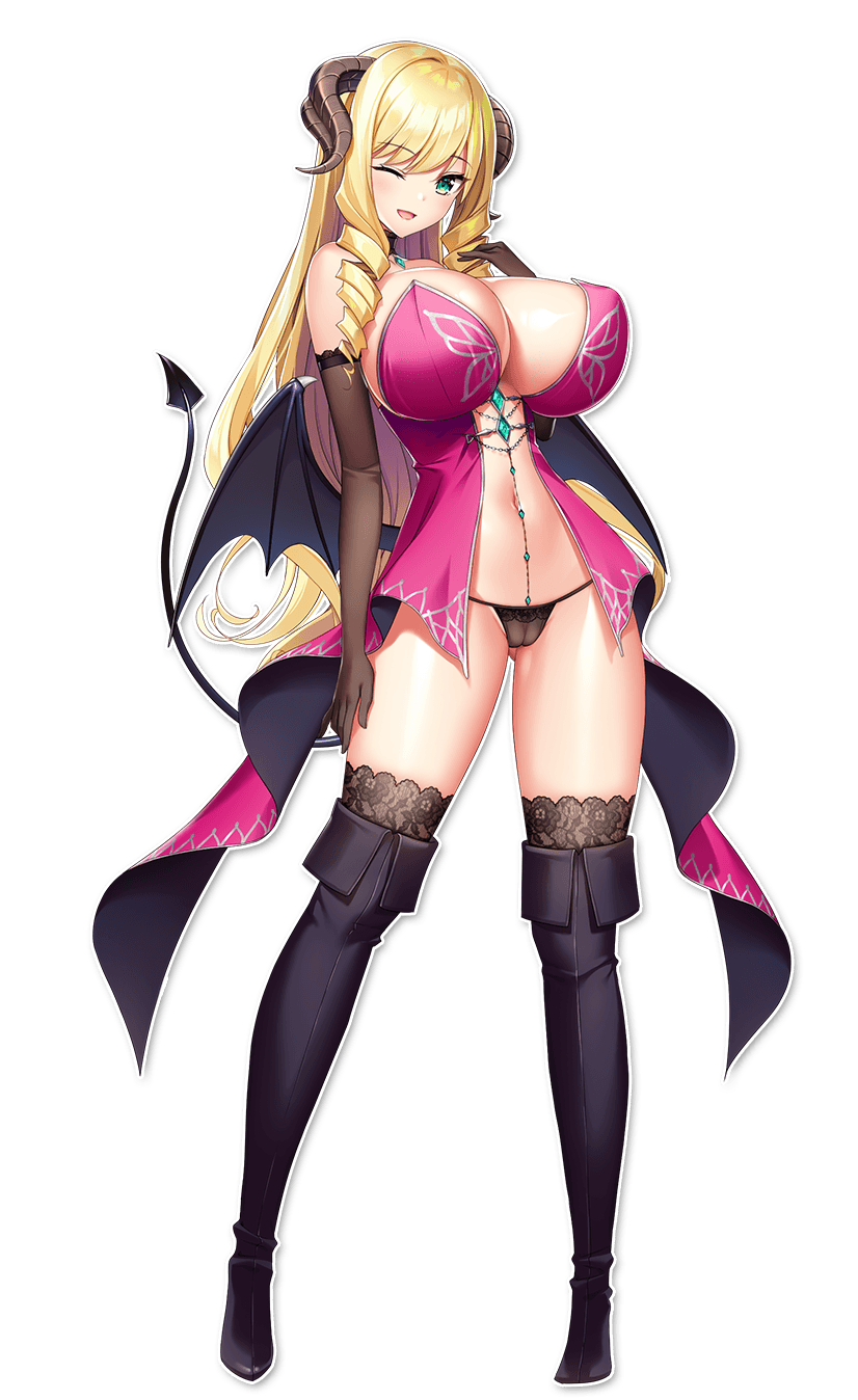 big_breasts blonde_hair breasts cameltoe demon_girl demon_horns demon_tail demon_wings derauea game_cg horns large_breasts long_hair looking_at_viewer motto!_haramase!_honoo_no_oppai_isekai_chou_ero_succubus_gakuen! navel official_art oppai panties rosalina_raphaelos shiny_skin stockings succubus succubus_horns succubus_tail succubus_wings transparent_background wink winking_at_viewer