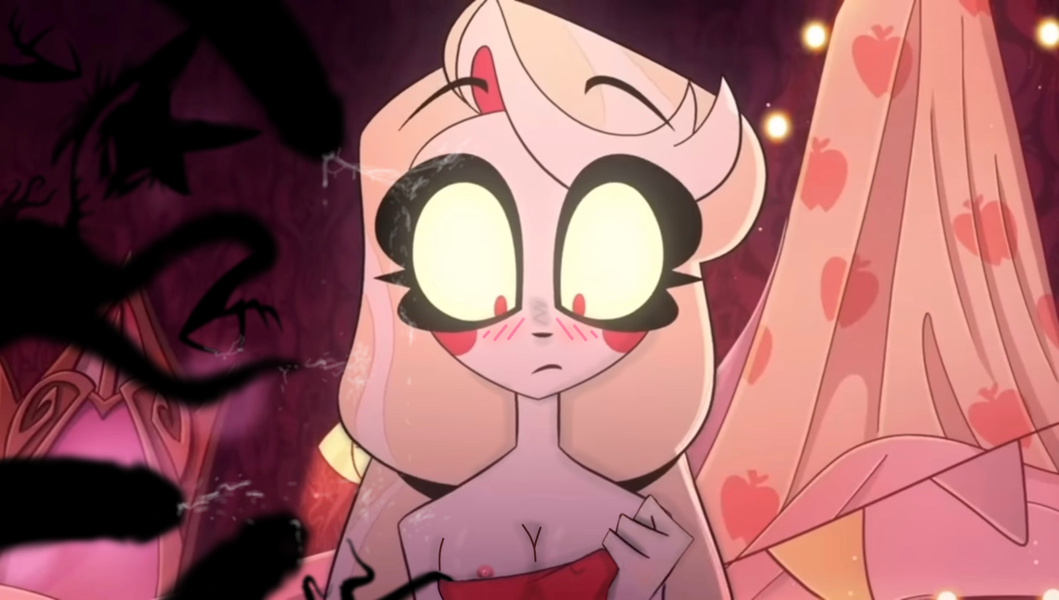 1girls, accidental exposure, alastor (hazbin hotel), blanket, blanket grab, blonde female, blonde hair, blush, blush lines, breasts, bukkake, charlie morningstar (hazbin hotel), cock, cum, cum drip, cum dripping, cum dripping from penis, cum on body, cum on face, demon, demon girl, dripping, dripping cum, duo, ejaculation, erect nipples, erection, female, forced exposure, gripping sheets, hazbin hotel, hell, medium breasts, molestation, multiple penises, nipple bulge, nipple outline, nipple slip, nipples, one breast out, penis, revealing breasts, robe, shadow, shadow creature, silhouette, silhouetted penis, solo focus, squishing breasts, tentacle, tentacle sex, towel, two tone hair