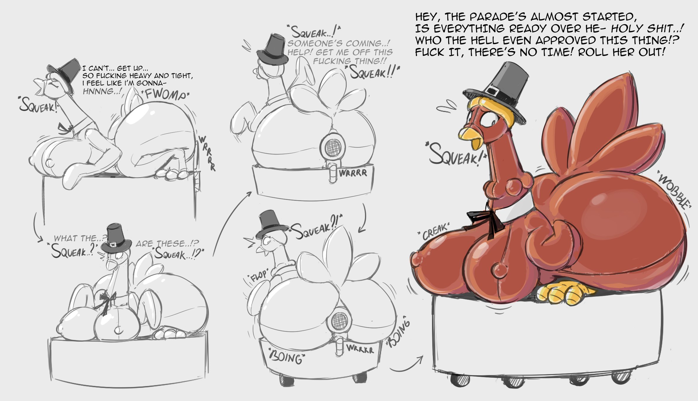 1boy, 1girls, air inflation, animate inanimate, anthro, ass expansion, avian, big ass, big breasts, breast expansion, dunnhierdraws, galliform, gender transformation, hi res, highres, holidays, huge ass, huge breasts, human to anthro, human to inanimate, inanimate transformation, inflatable transformation, inflation, mtf transformation, parade float, part of a set, pilgrim hat, solo, species transformation, thanksgiving, transformation, transformation sequence, turkey