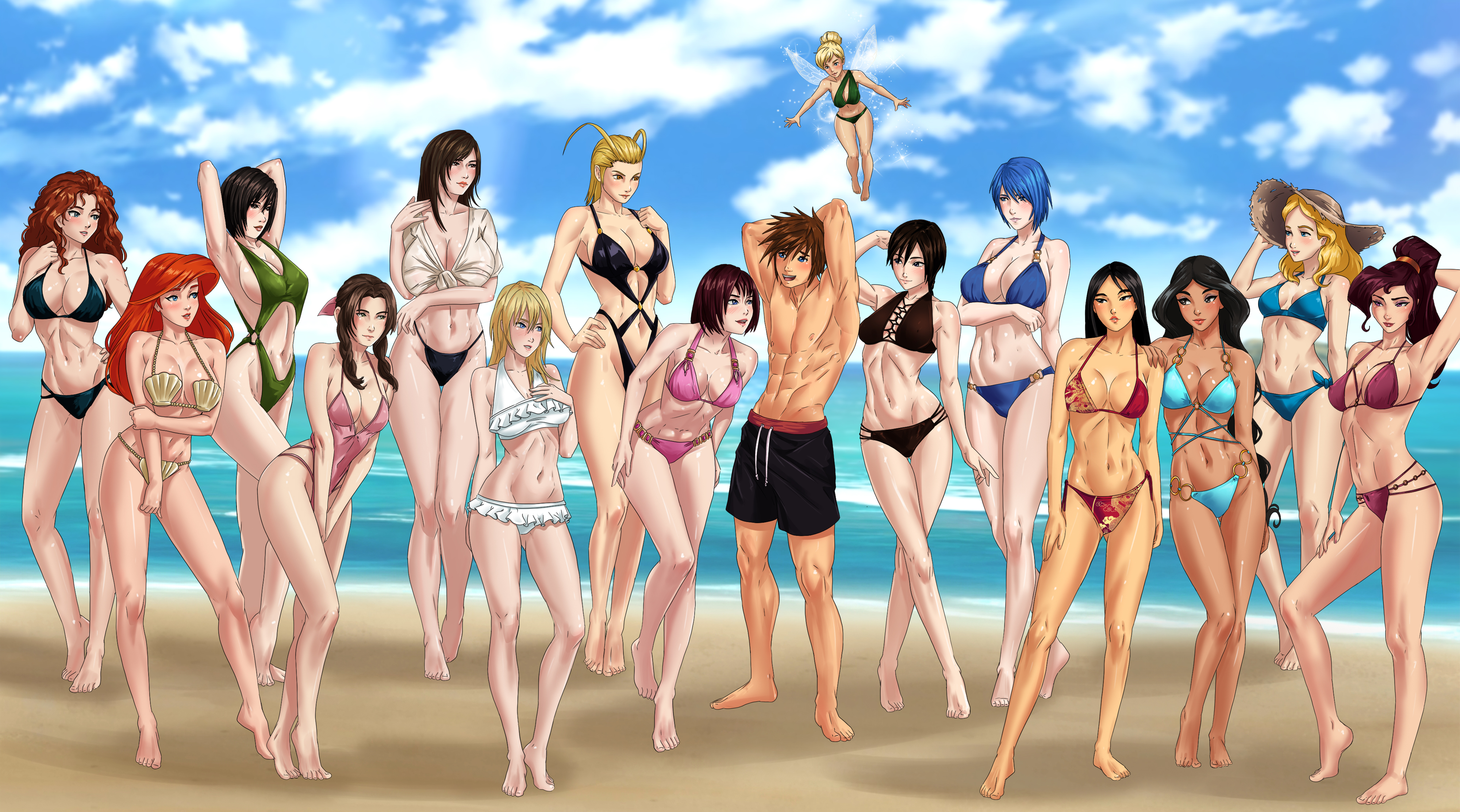 1boy, 6+girls, aerith gainsborough, aladdin (1992 disney film), alice (disney), alice in wonderland (1951 film), amenoosa, aqua (kingdom hearts), ariel (the little mermaid), arms behind back, arms behind head, asian female, barefoot, beach, beach background, bikini, bikini bottom, bikini top, black hair female, black-haired female, blonde hair, blonde hair female, blonde-haired female, blue hair female, blue-haired female, brave, brown hair female, brown skinned female, brown-haired female, brown-haired male, chinese dragon, cleavage, crossover, crossover pairing, crossover shipping, disney, disney princess, enormous breasts, fa mulan, fairy, fairy wings, final fantasy vii, greek mythology, harem, hercules (1997 film), hercules (disney), jasmine (aladdin), kairi, kingdom hearts, large breasts, larxene, long hair, megara, merida, mulan (1998 film), multiple females, multiple girls, namine, one male, peter pan (disney), princess, princess jasmine, red hair female, red-haired female, royalty, seashell bra, short hair, smug expression, sora (kingdom hearts), spiky hair, square enix, sunhat, the little mermaid (1989 film), thick ass, thick thighs, tifa lockhart, tinker bell, xion, yuffie kisaragi