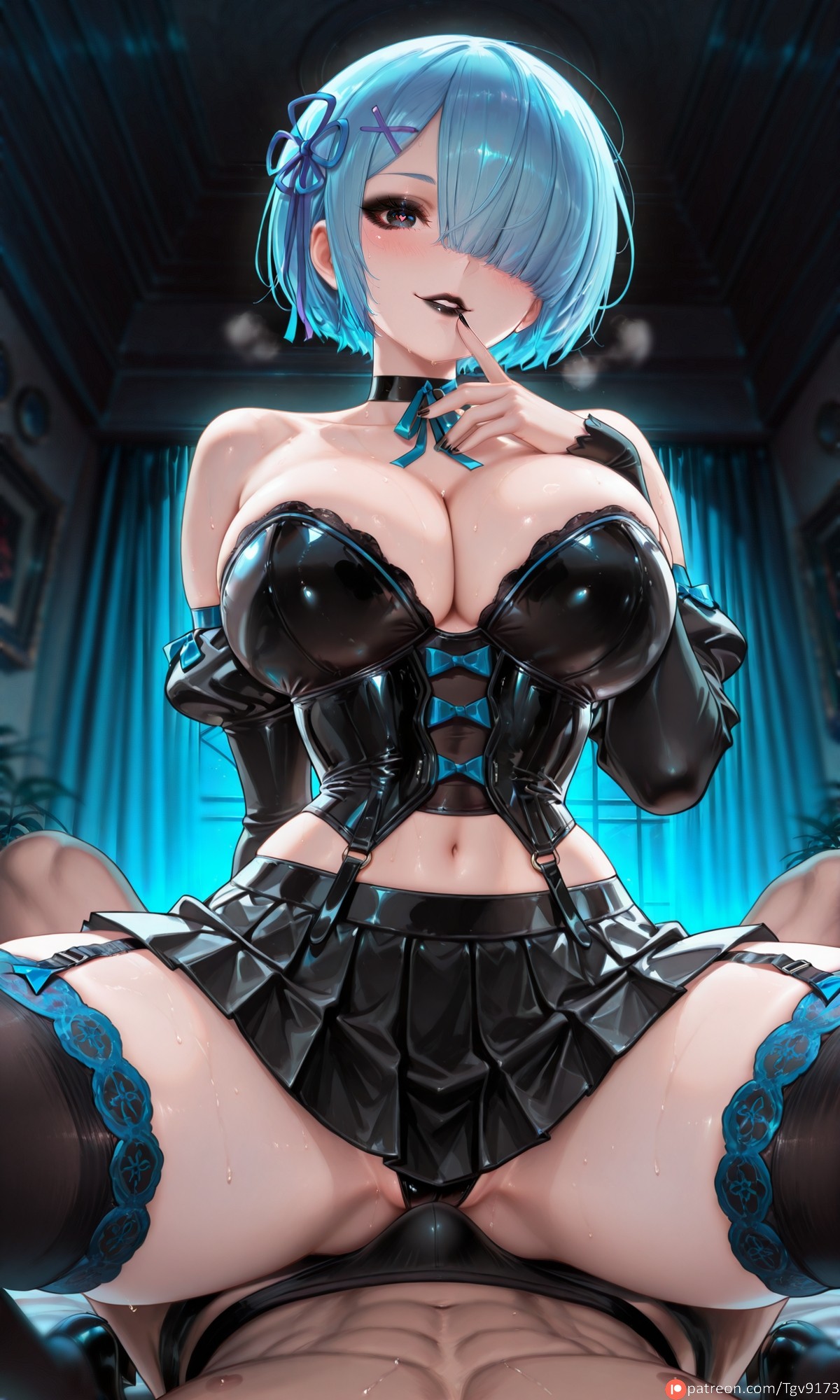 1boy, abs, ai generated, alternate breast size, arm behind back, artist name, bare shoulders, black choker, black nails, black panties, black skirt, black thighhighs, blue eyes, blue hair, blue ribbon, blush, breasts, bulge, choker, cleavage, collarbone, commission, commissions open, corruption, corset, cowgirl position, curtains, detached sleeves, female, finger to mouth, garter straps, goth, goth girl, gothification, gothified, hair ornament, hair over one eye, hair ribbon, indoors, large breasts, long sleeves, looking at viewer, midriff, miniskirt, navel, neck ribbon, panties, parted lips, patreon username, pleated skirt, pov, re:zero kara hajimeru isekai seikatsu, rem (re:zero), ribbon, self upload, short hair, sitting, sitting on person, skirt, smile, solo focus, spread legs, stomach, straddling, straight, sweat, tgv9173, thighhighs, thighs, underwear, window, x hair ornament